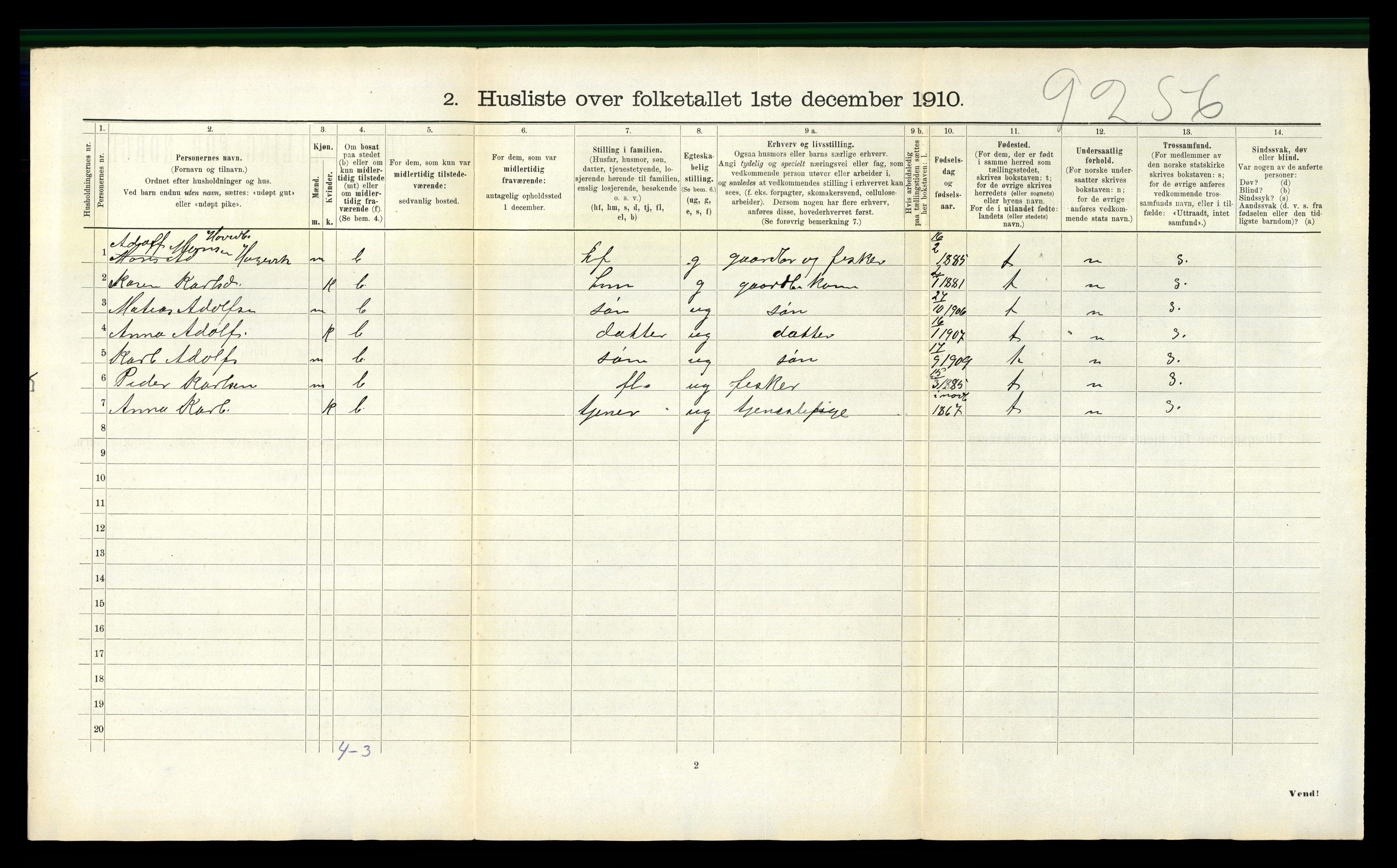 RA, 1910 census for Selje, 1910, p. 1085