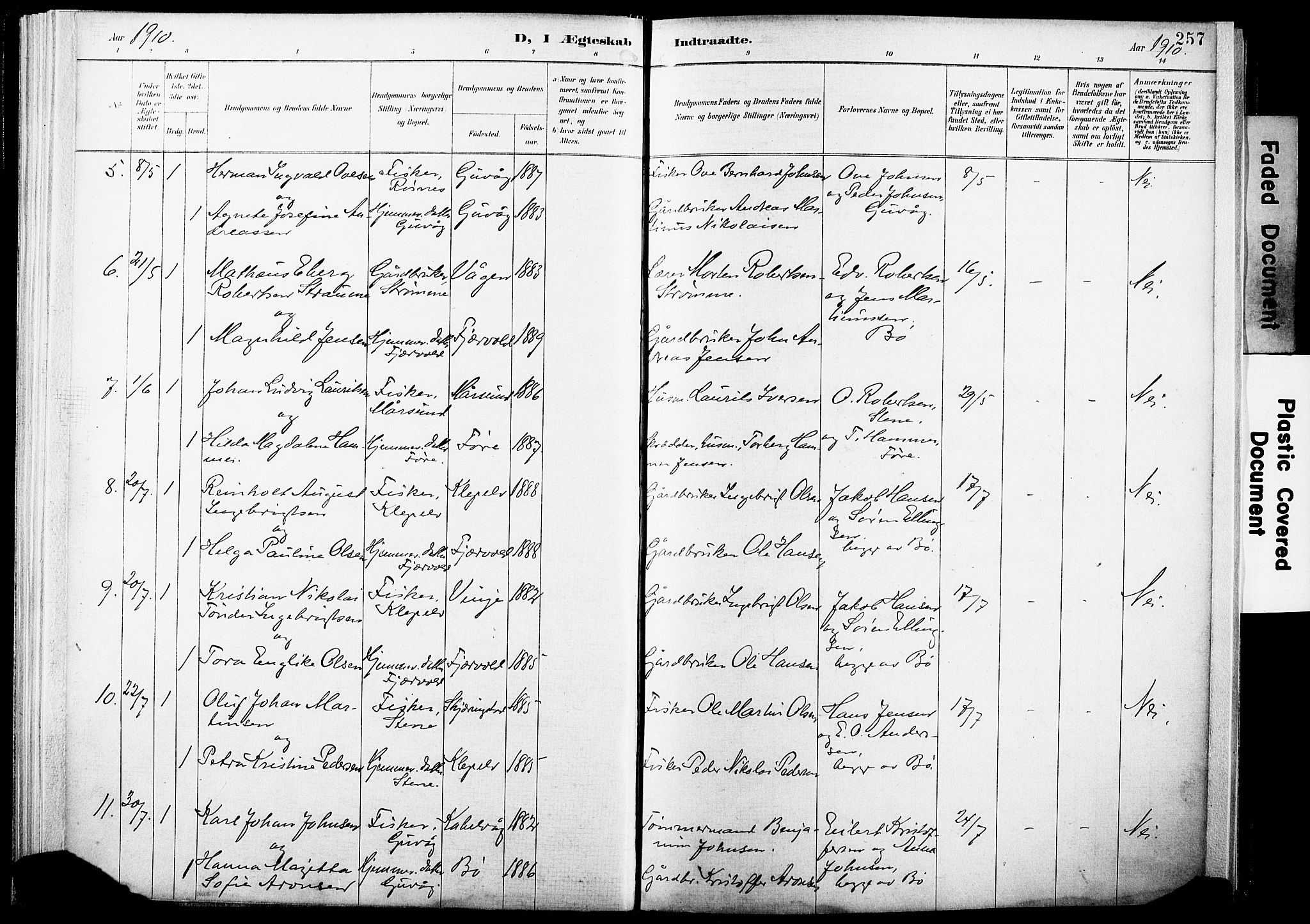 Ministerialprotokoller, klokkerbøker og fødselsregistre - Nordland, AV/SAT-A-1459/891/L1305: Parish register (official) no. 891A10, 1895-1921, p. 257