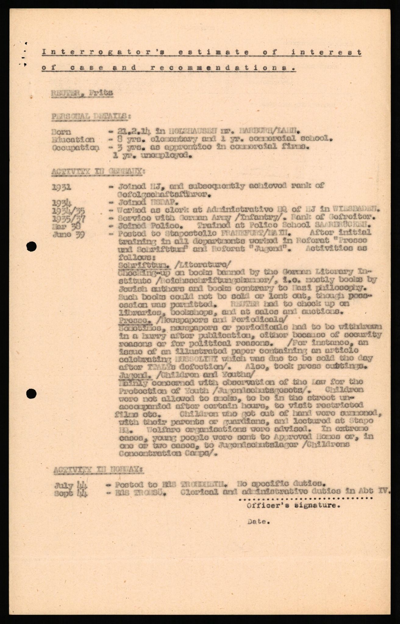 Forsvaret, Forsvarets overkommando II, AV/RA-RAFA-3915/D/Db/L0027: CI Questionaires. Tyske okkupasjonsstyrker i Norge. Tyskere., 1945-1946, p. 284