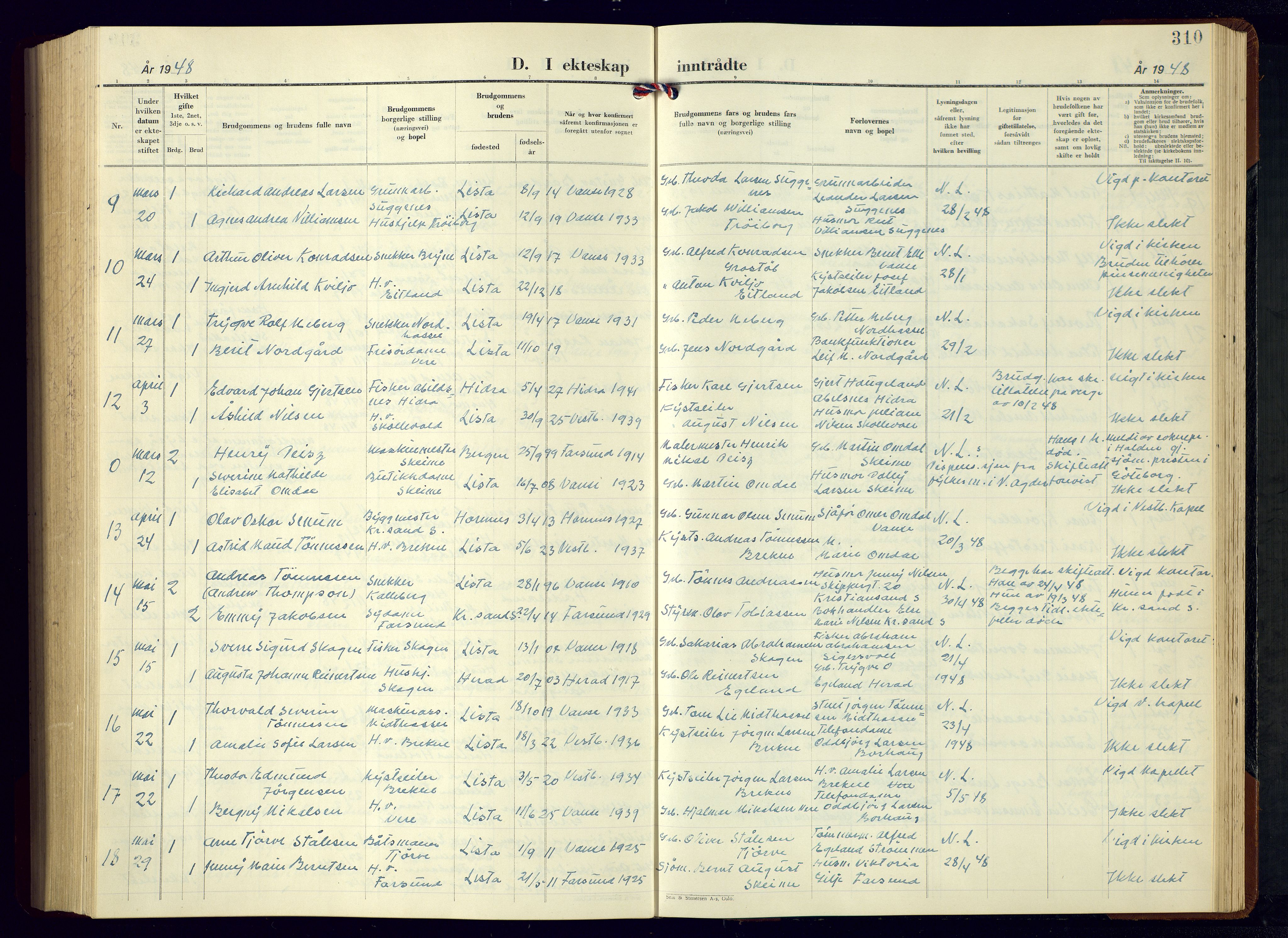 Lista sokneprestkontor, SAK/1111-0027/F/Fb/L0007: Parish register (copy) no. B 7, 1943-1970, p. 310