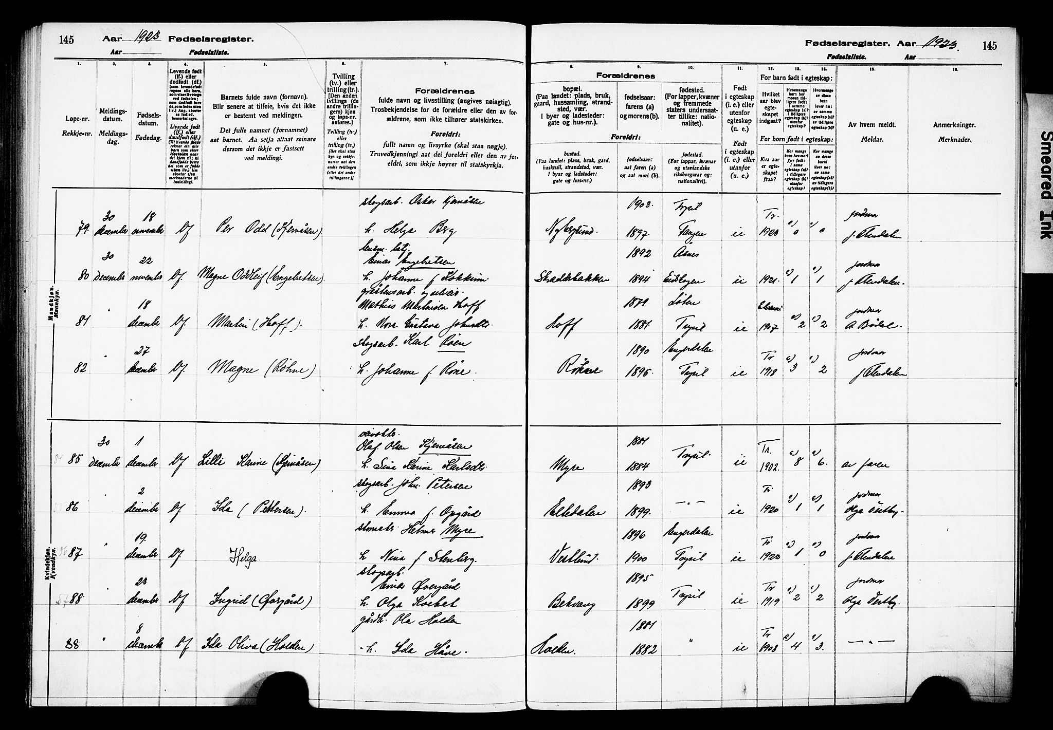 Trysil prestekontor, AV/SAH-PREST-046/I/Id/Ida/L0001: Birth register no. I 1, 1916-1927, p. 145