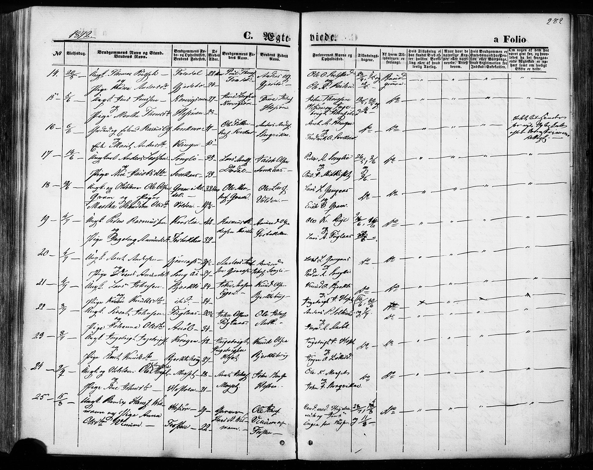 Ministerialprotokoller, klokkerbøker og fødselsregistre - Sør-Trøndelag, SAT/A-1456/668/L0807: Parish register (official) no. 668A07, 1870-1880, p. 282