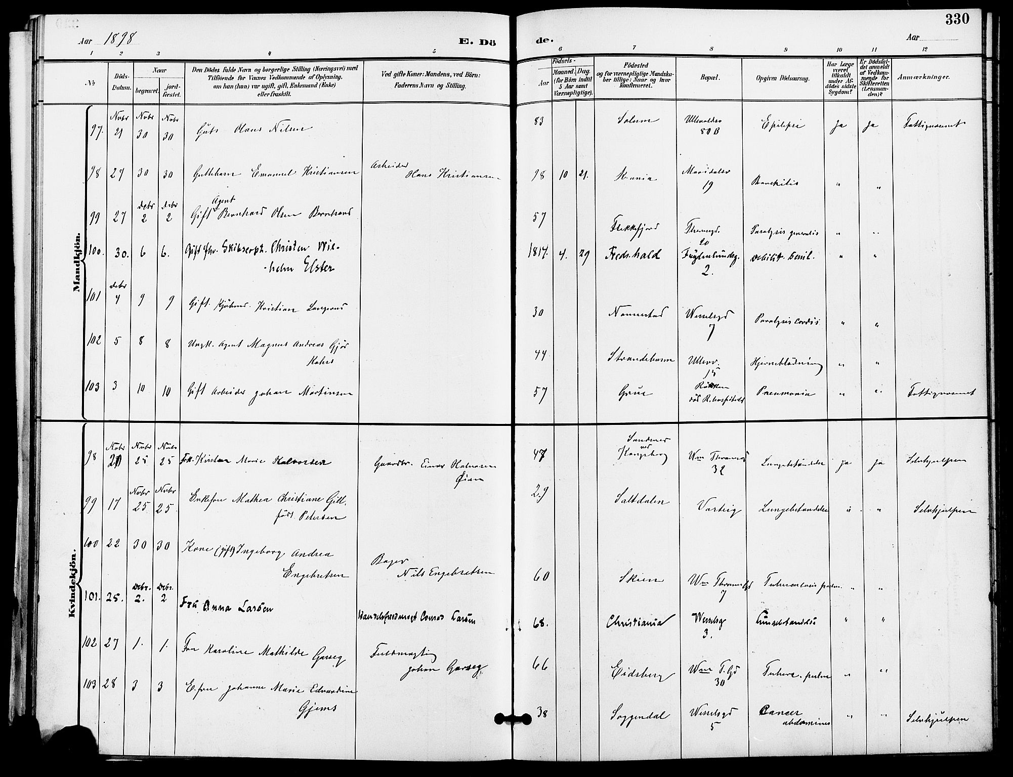 Gamle Aker prestekontor Kirkebøker, AV/SAO-A-10617a/F/L0011: Parish register (official) no. 11, 1896-1901, p. 330