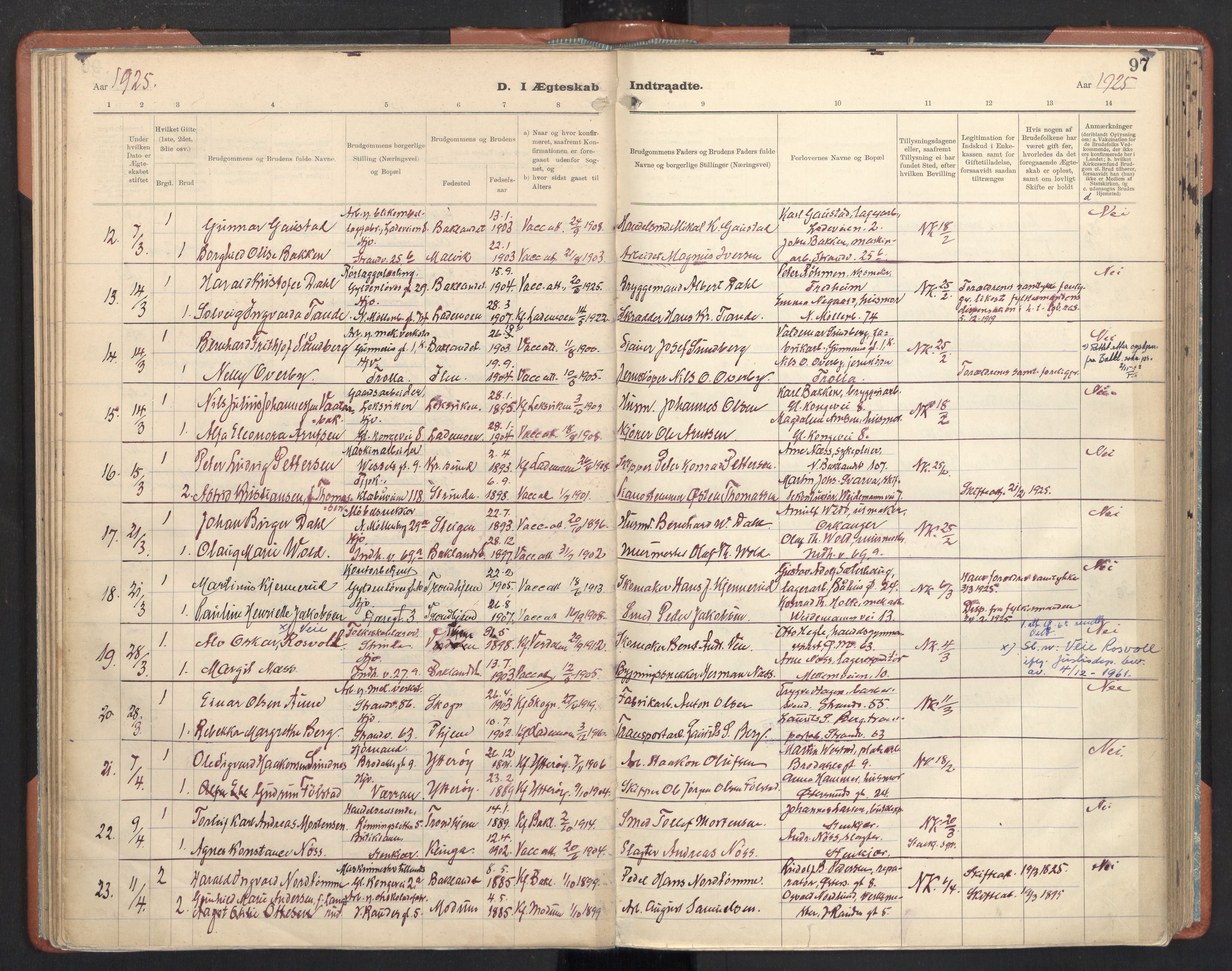 Ministerialprotokoller, klokkerbøker og fødselsregistre - Sør-Trøndelag, SAT/A-1456/605/L0245: Parish register (official) no. 605A07, 1916-1938, p. 97