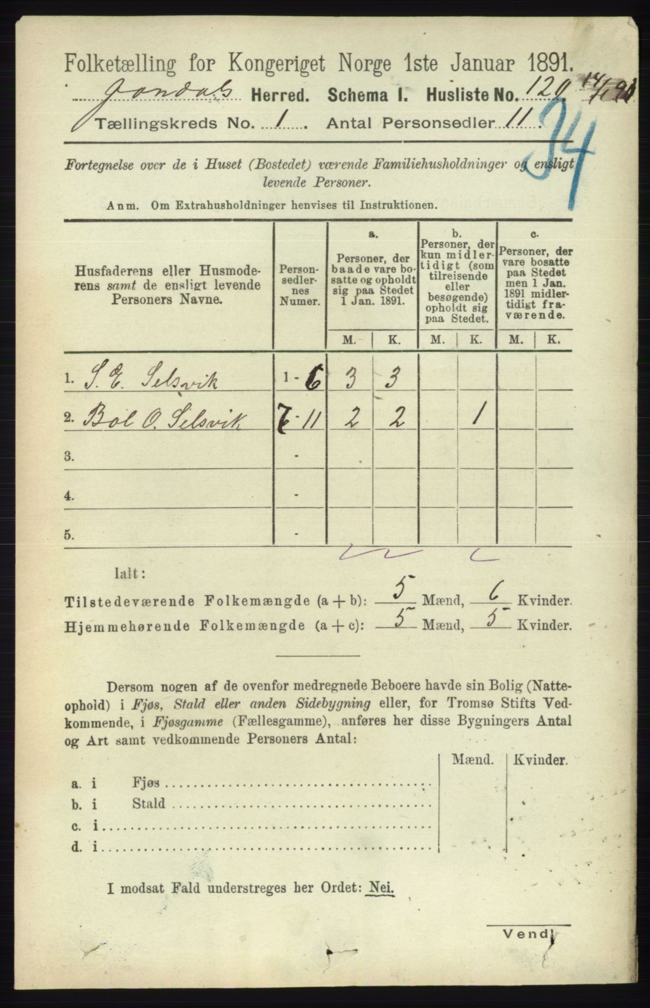 RA, 1891 census for 1227 Jondal, 1891, p. 136