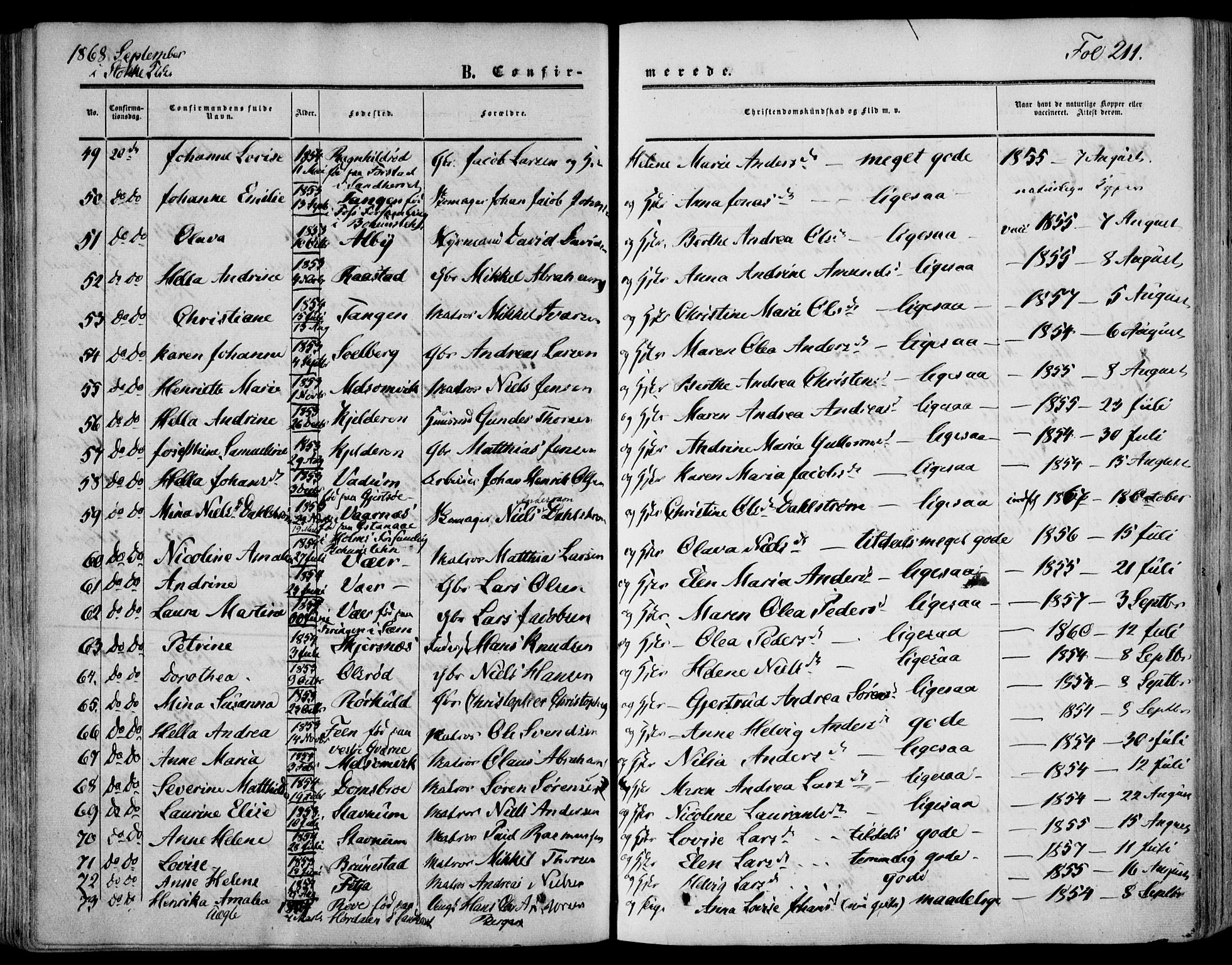 Stokke kirkebøker, SAKO/A-320/F/Fa/L0008: Parish register (official) no. I 8, 1858-1871, p. 211