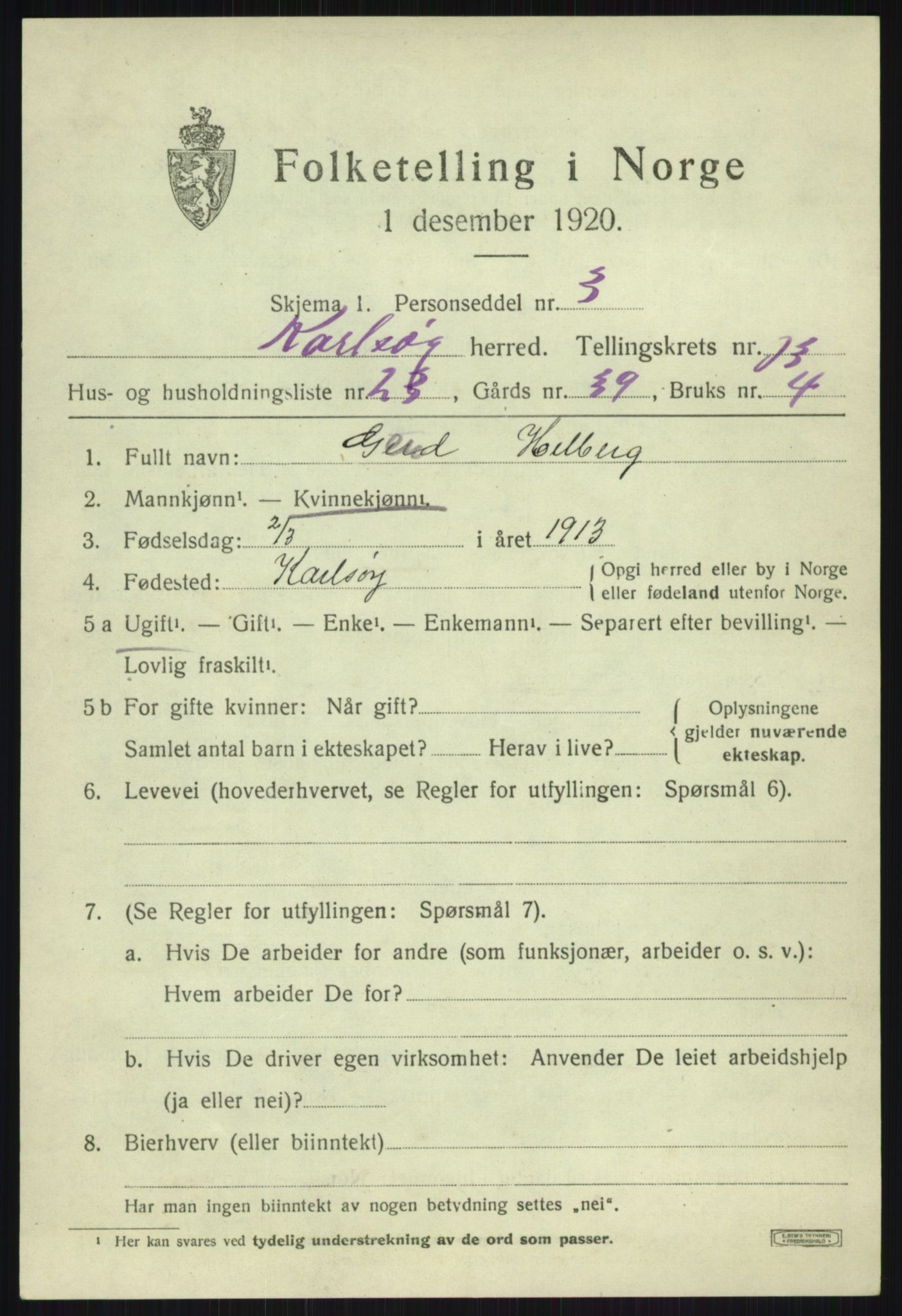 SATØ, 1920 census for Karlsøy, 1920, p. 4916