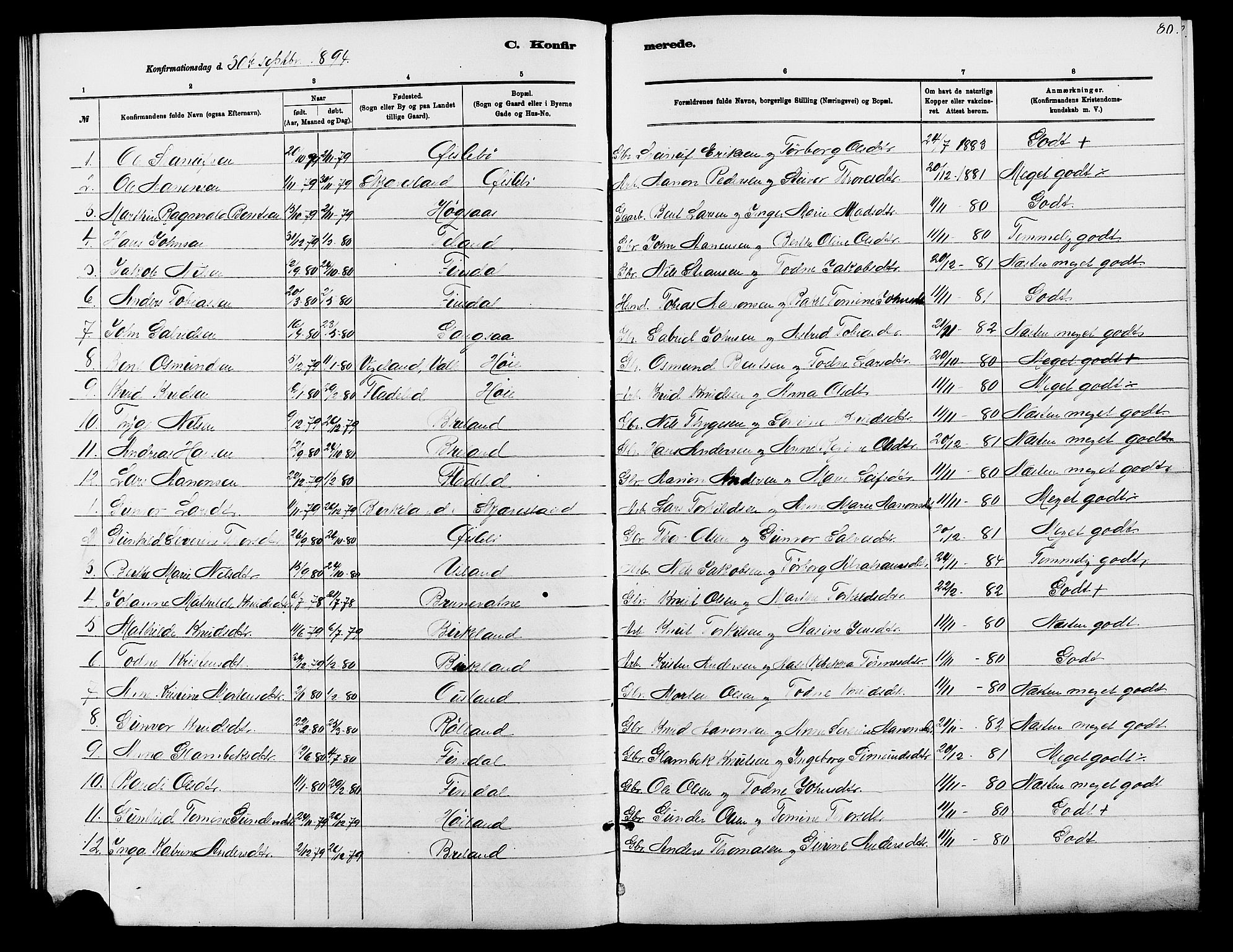 Holum sokneprestkontor, SAK/1111-0022/F/Fb/Fbc/L0003: Parish register (copy) no. B 3, 1882-1908, p. 80