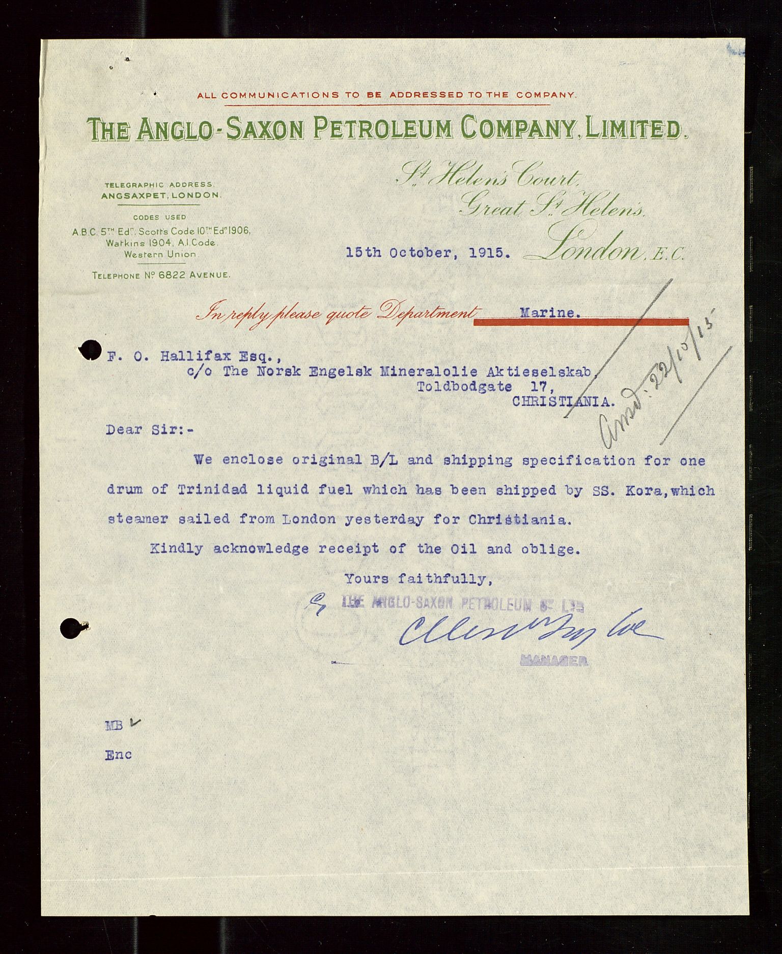 Pa 1521 - A/S Norske Shell, AV/SAST-A-101915/E/Ea/Eaa/L0019: Sjefskorrespondanse, 1917, p. 11