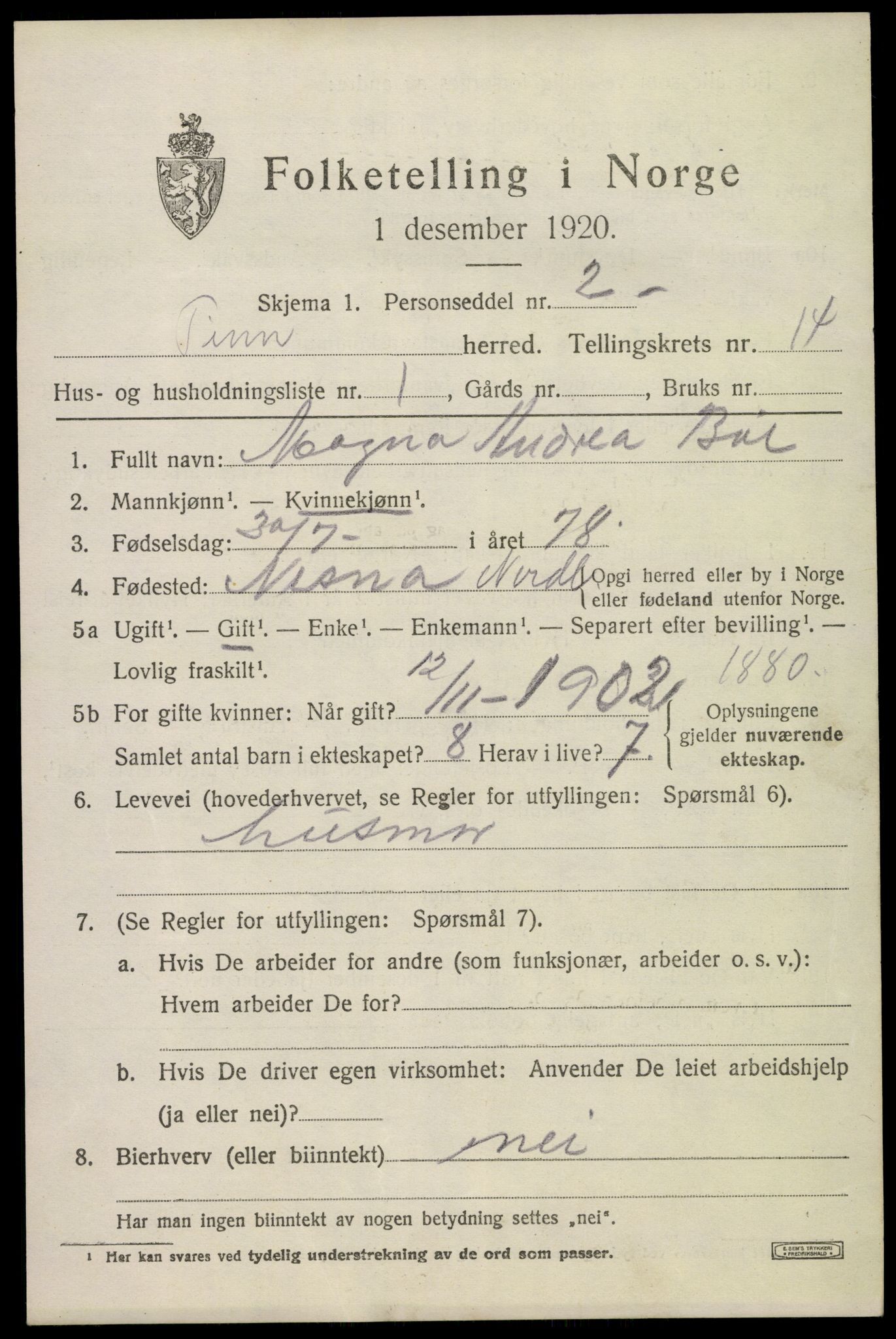 SAKO, 1920 census for Tinn, 1920, p. 8668