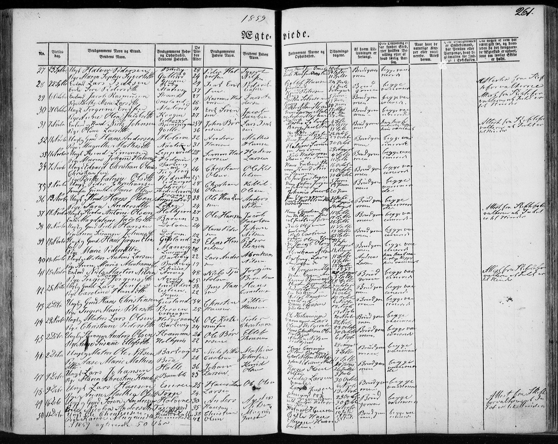 Brunlanes kirkebøker, SAKO/A-342/F/Fa/L0004: Parish register (official) no. I 4, 1846-1862, p. 261