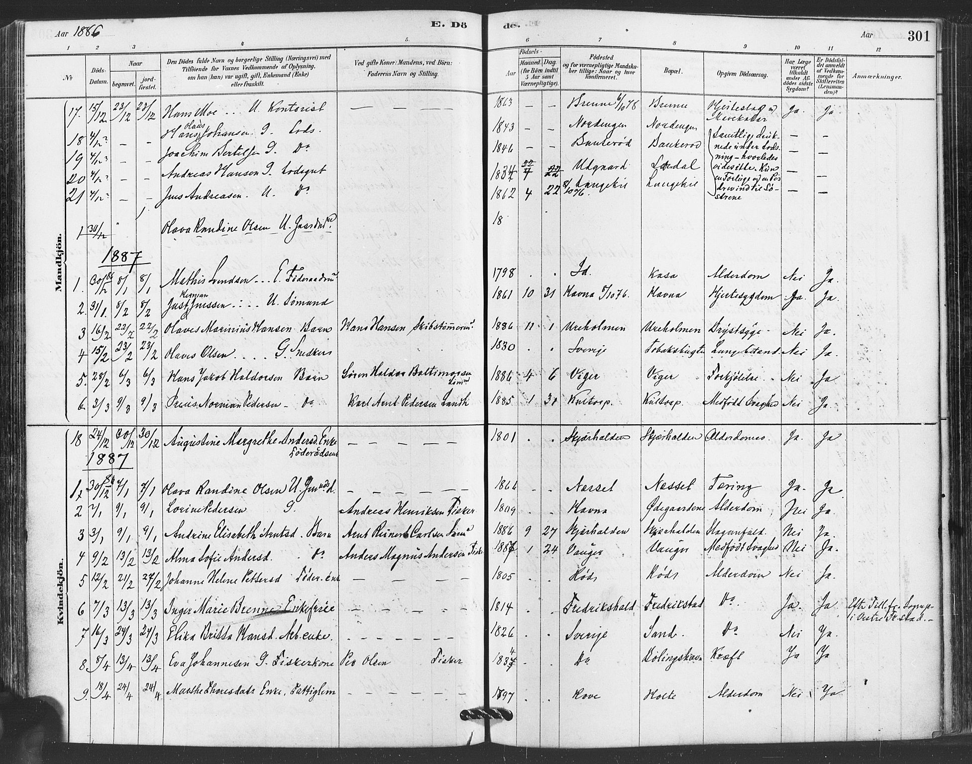 Hvaler prestekontor Kirkebøker, AV/SAO-A-2001/F/Fa/L0008: Parish register (official) no. I 8, 1878-1895, p. 301