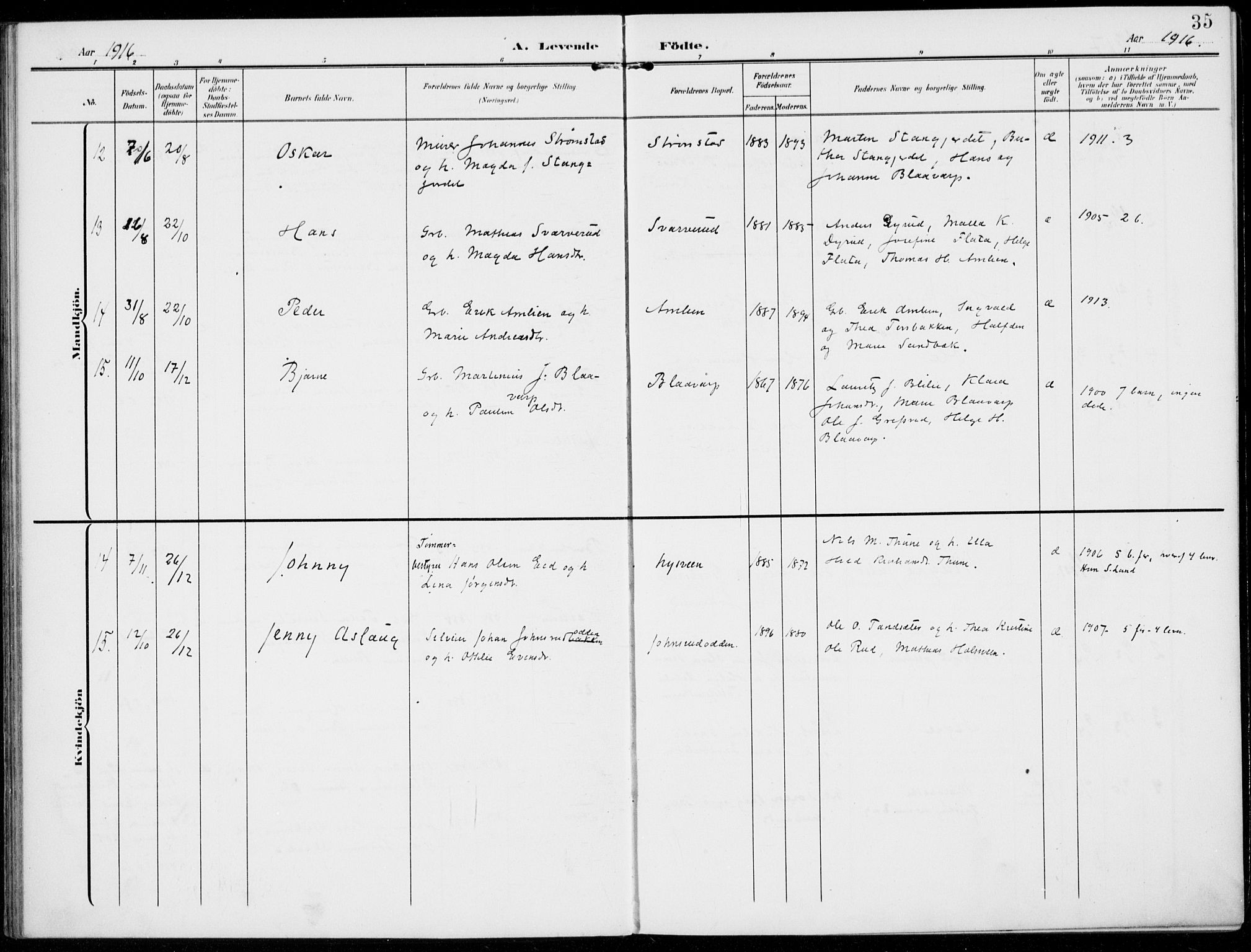 Kolbu prestekontor, SAH/PREST-110/H/Ha/Haa/L0001: Parish register (official) no. 1, 1907-1923, p. 35