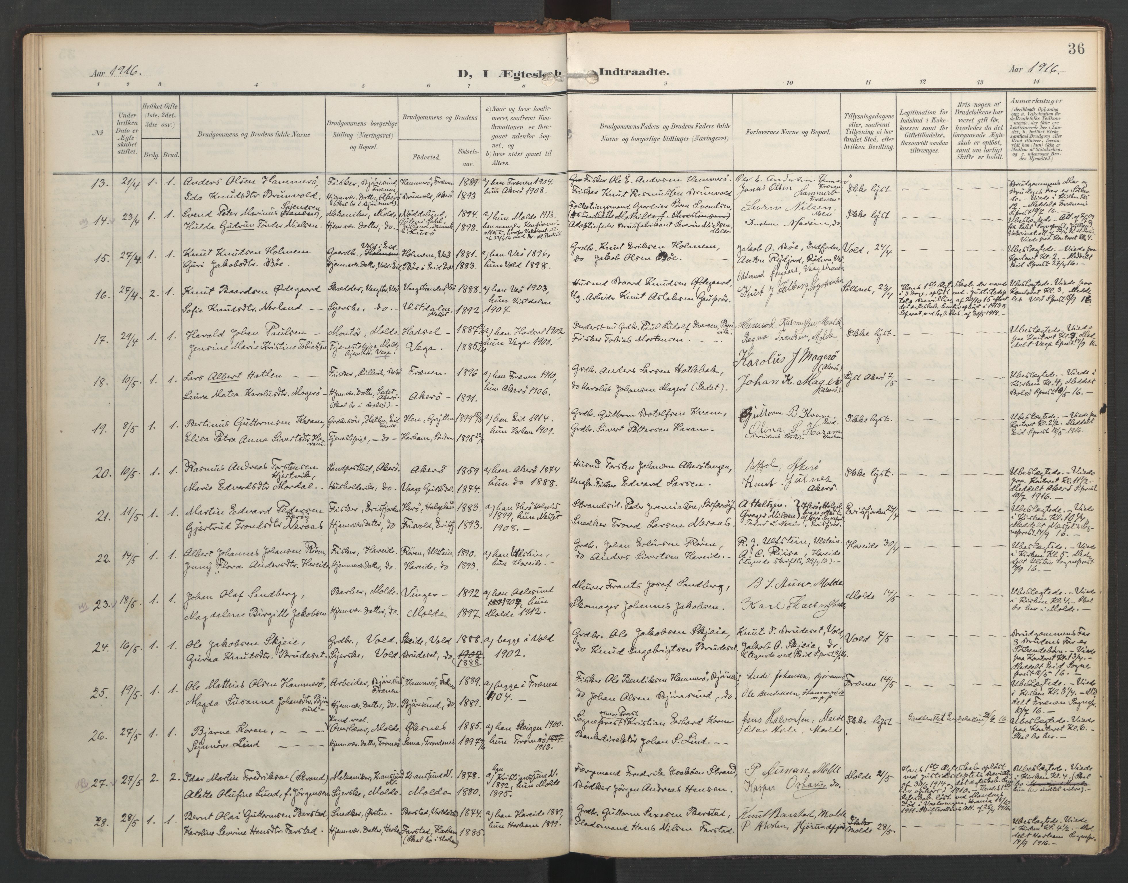 Ministerialprotokoller, klokkerbøker og fødselsregistre - Møre og Romsdal, AV/SAT-A-1454/558/L0694: Parish register (official) no. 558A08, 1907-1922, p. 36