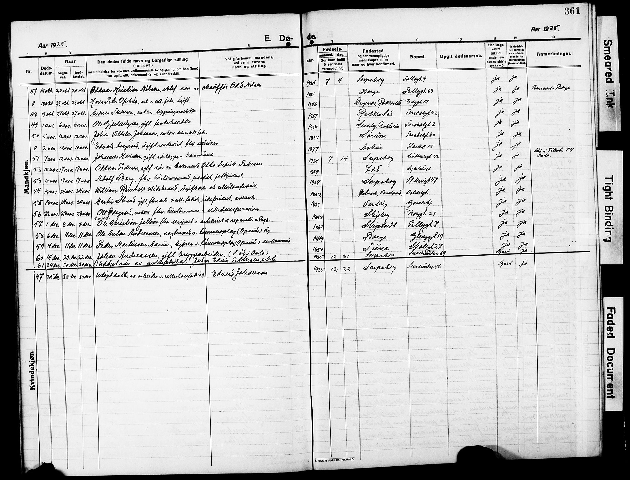 Sarpsborg prestekontor Kirkebøker, AV/SAO-A-2006/G/Ga/L0002: Parish register (copy) no. 2, 1912-1931, p. 361