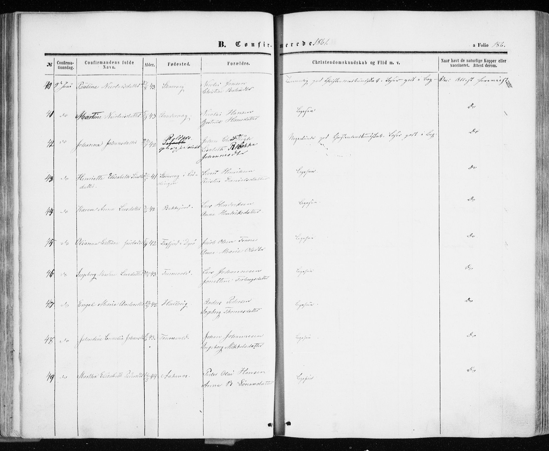 Ibestad sokneprestembete, AV/SATØ-S-0077/H/Ha/Haa/L0009kirke: Parish register (official) no. 9, 1859-1868, p. 186