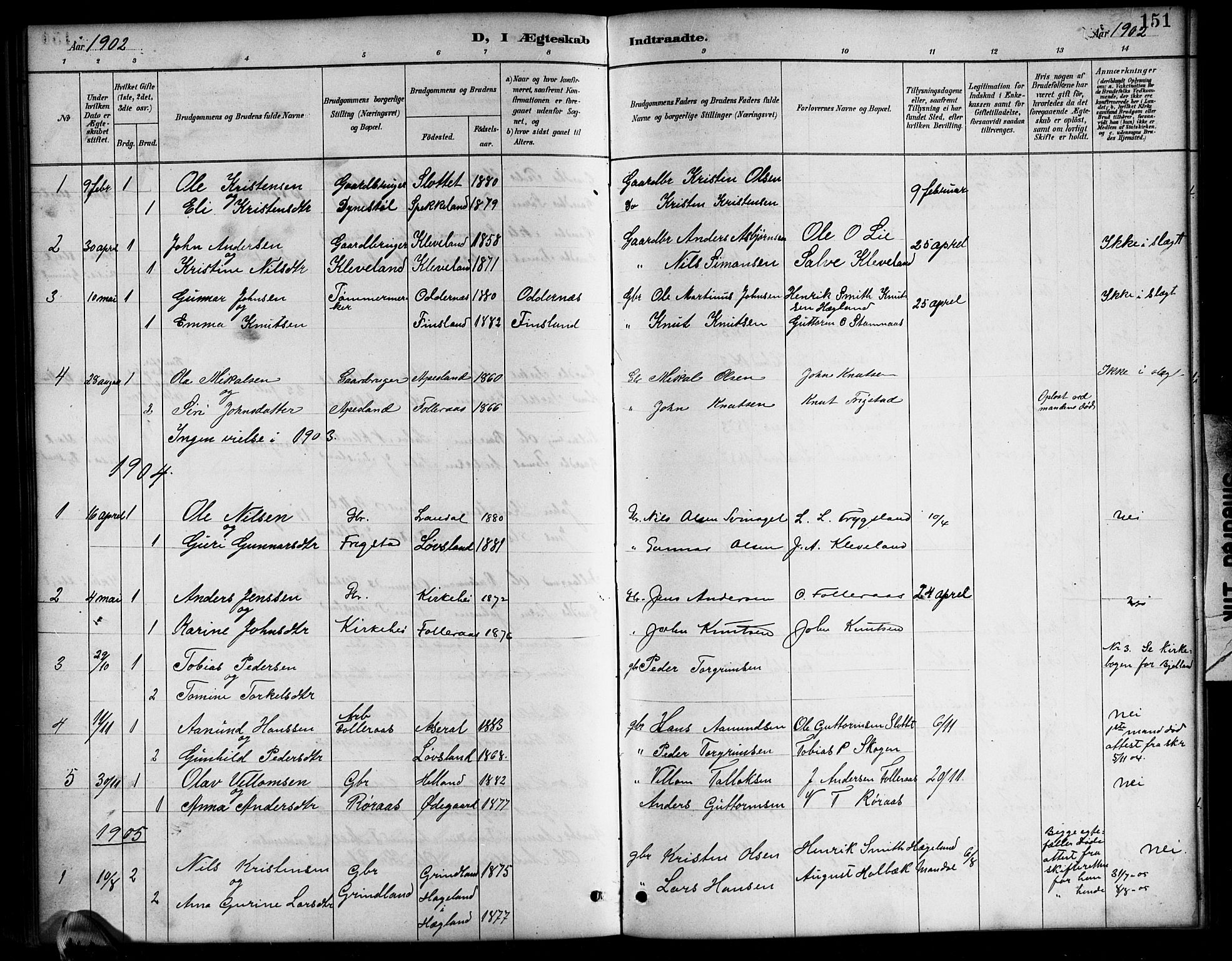 Bjelland sokneprestkontor, AV/SAK-1111-0005/F/Fb/Fbb/L0005: Parish register (copy) no. B 5, 1887-1918, p. 151