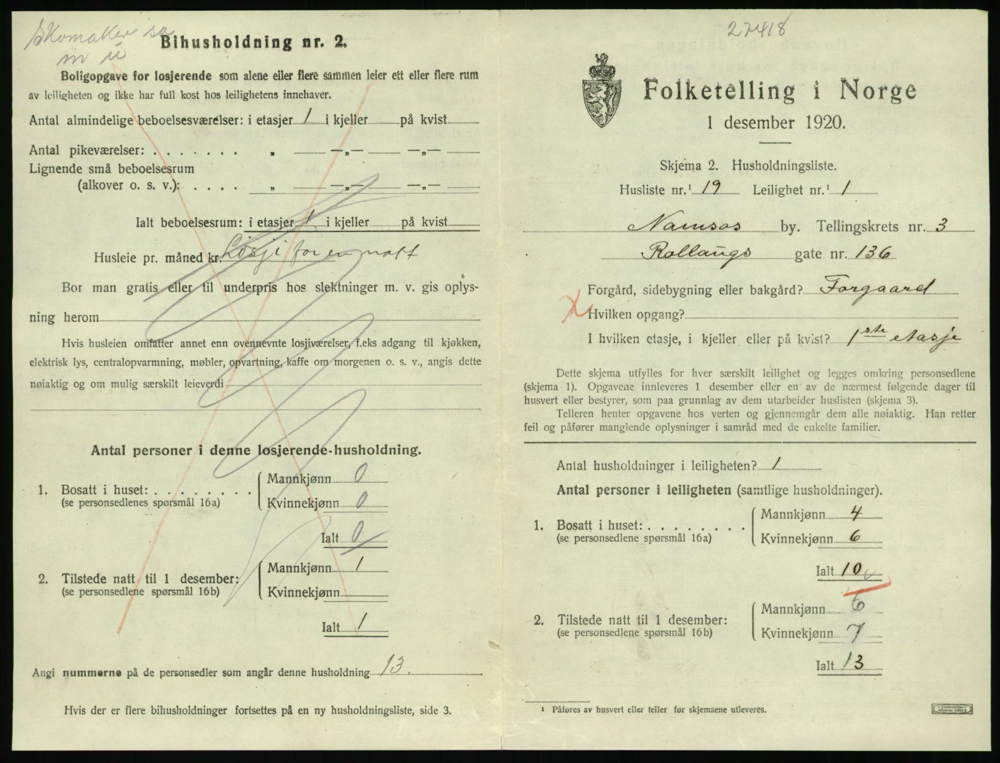 SAT, 1920 census for Namsos, 1920, p. 1191