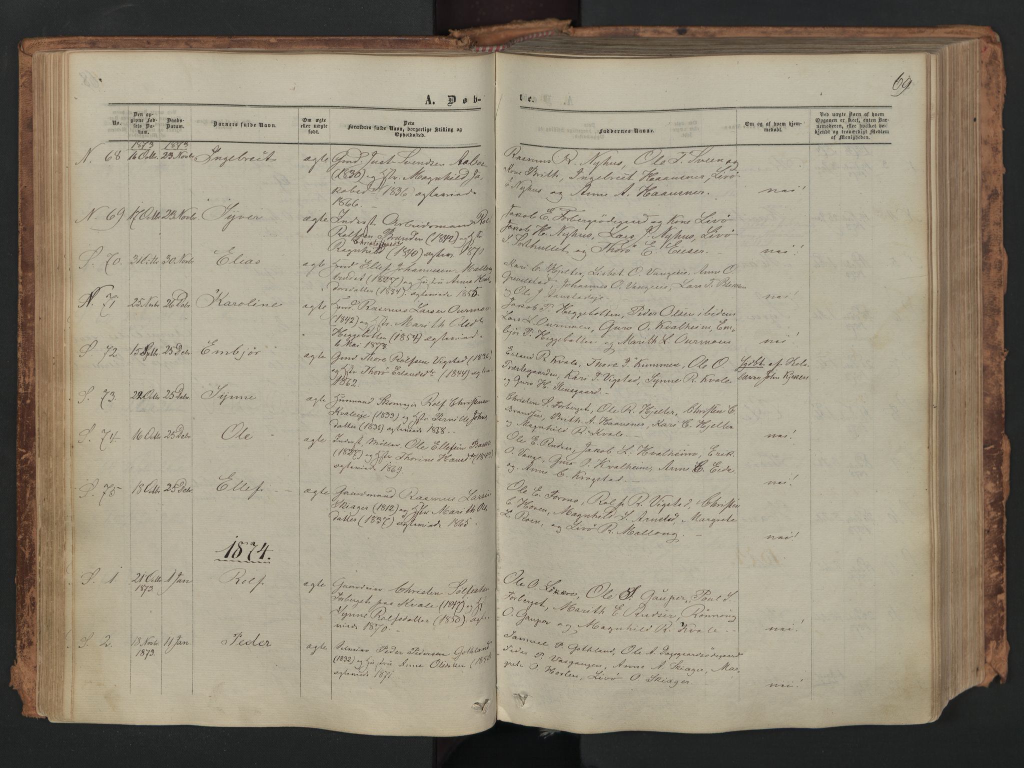 Skjåk prestekontor, SAH/PREST-072/H/Ha/Haa/L0001: Parish register (official) no. 1, 1863-1879, p. 69