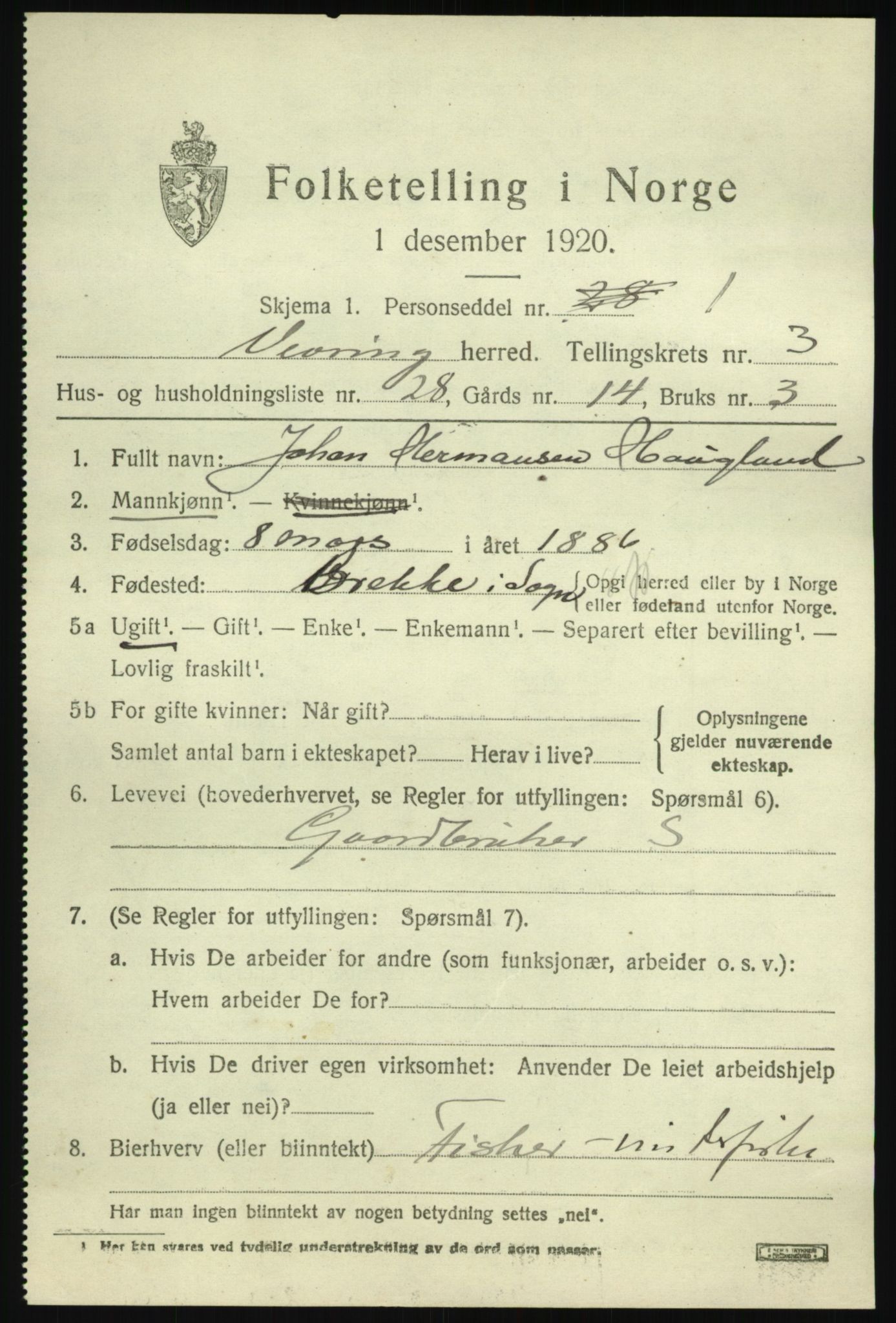 SAB, 1920 census for Vevring, 1920, p. 1314