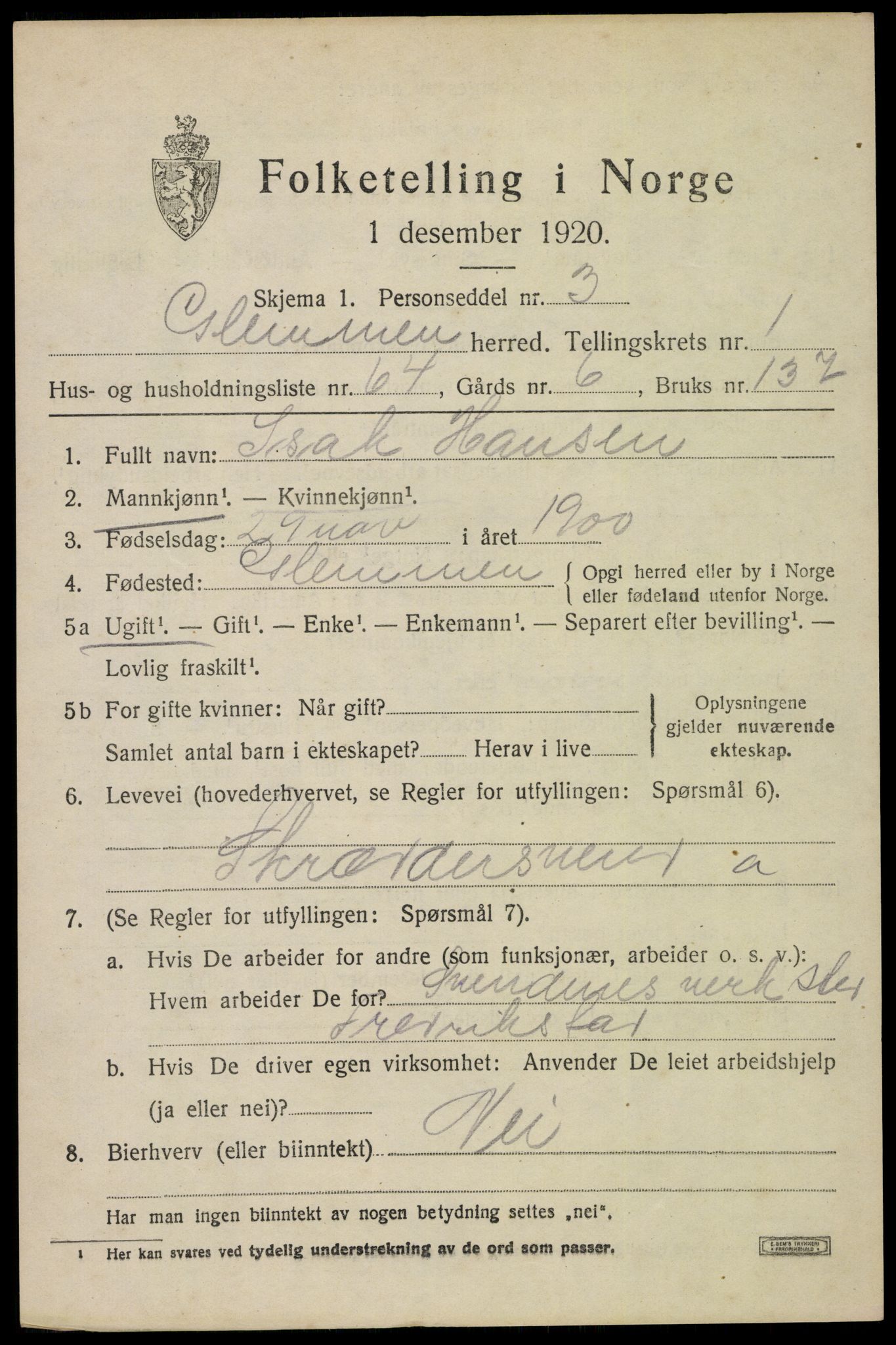 SAO, 1920 census for Glemmen, 1920, p. 4055