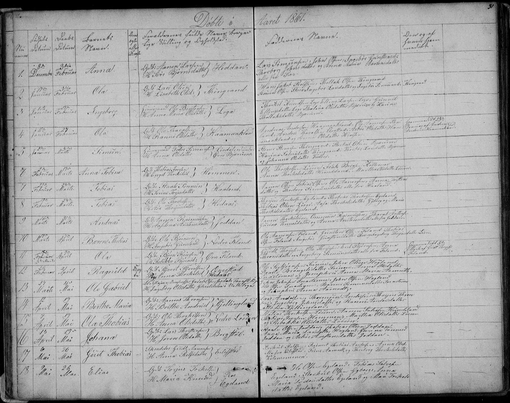 Hægebostad sokneprestkontor, SAK/1111-0024/F/Fb/Fba/L0002: Parish register (copy) no. B 2, 1851-1882, p. 31