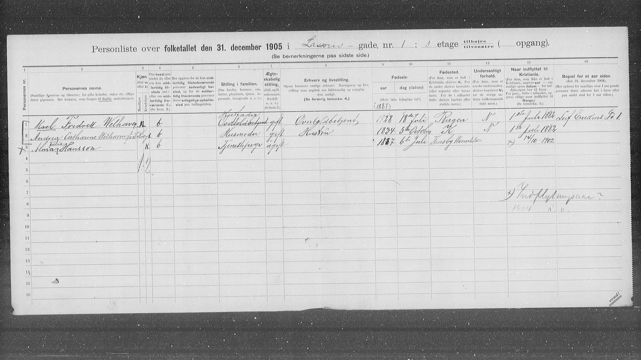 OBA, Municipal Census 1905 for Kristiania, 1905, p. 30027