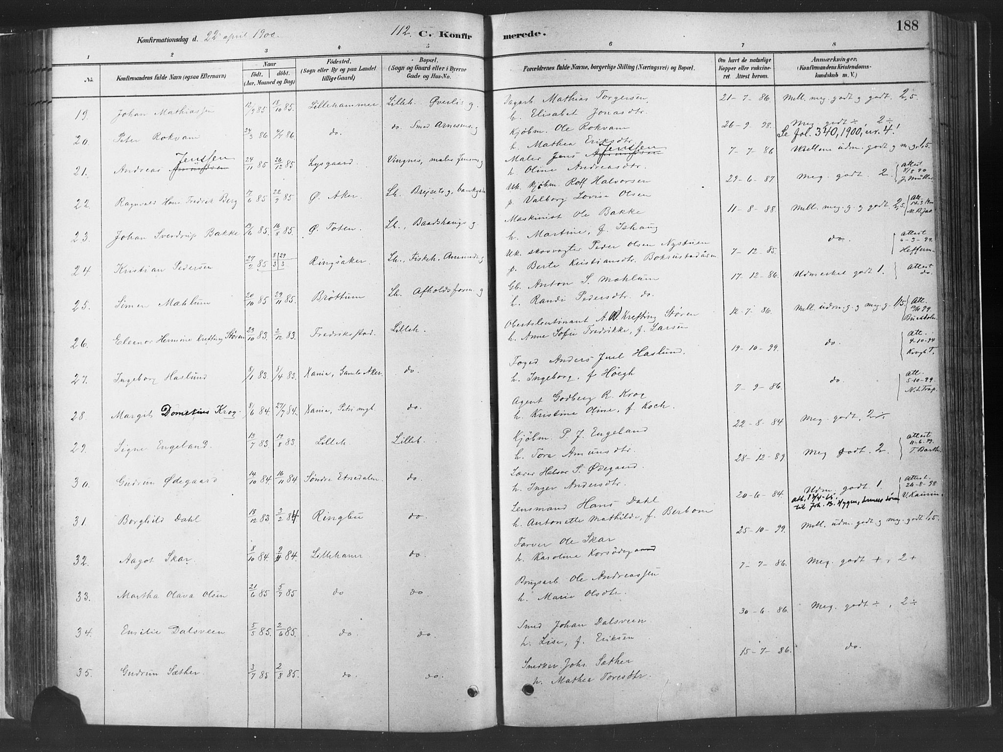 Fåberg prestekontor, SAH/PREST-086/H/Ha/Haa/L0010: Parish register (official) no. 10, 1879-1900, p. 188