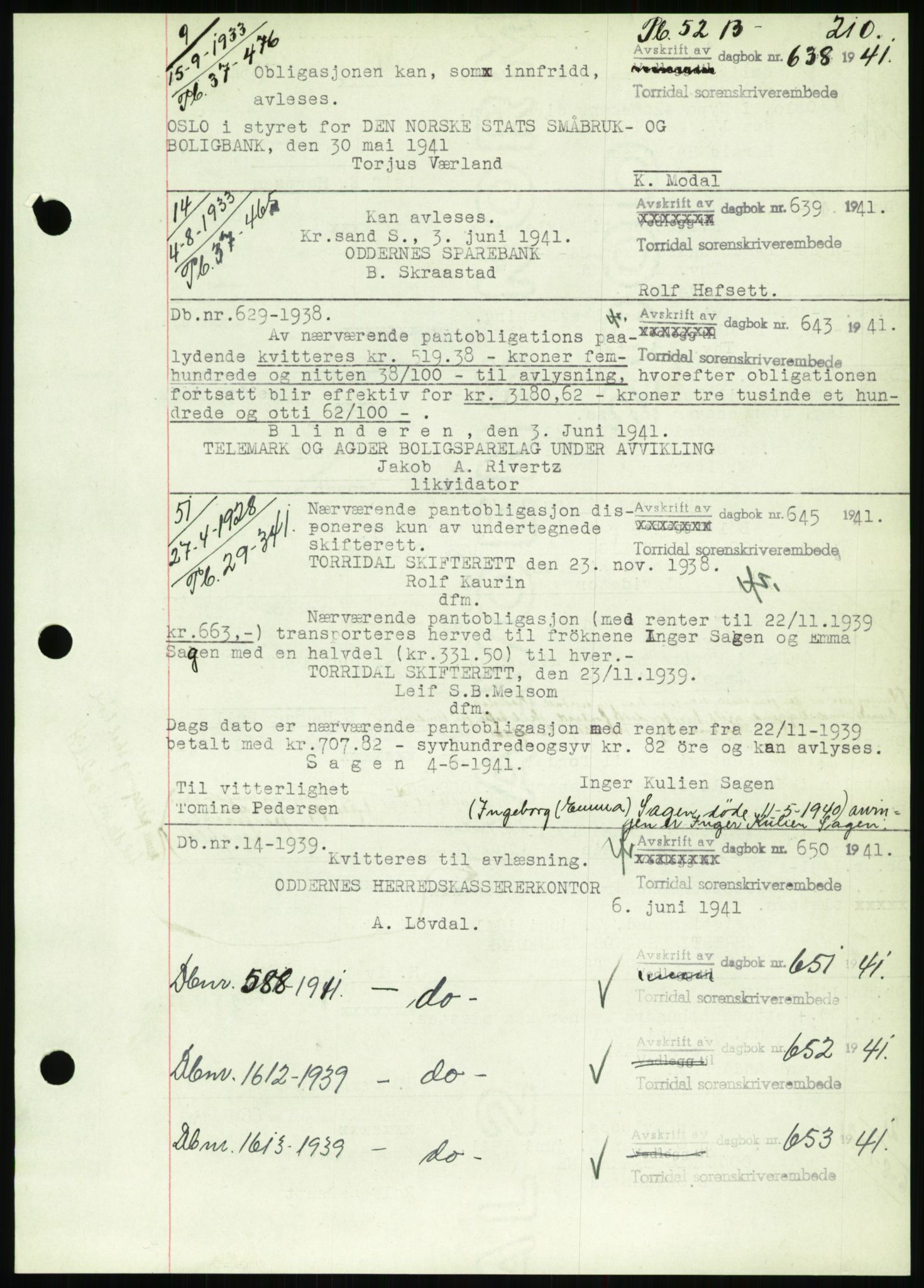Torridal sorenskriveri, SAK/1221-0012/G/Gb/Gbb/L0008: Mortgage book no. 52b, 1940-1942, Diary no: : 638/1941