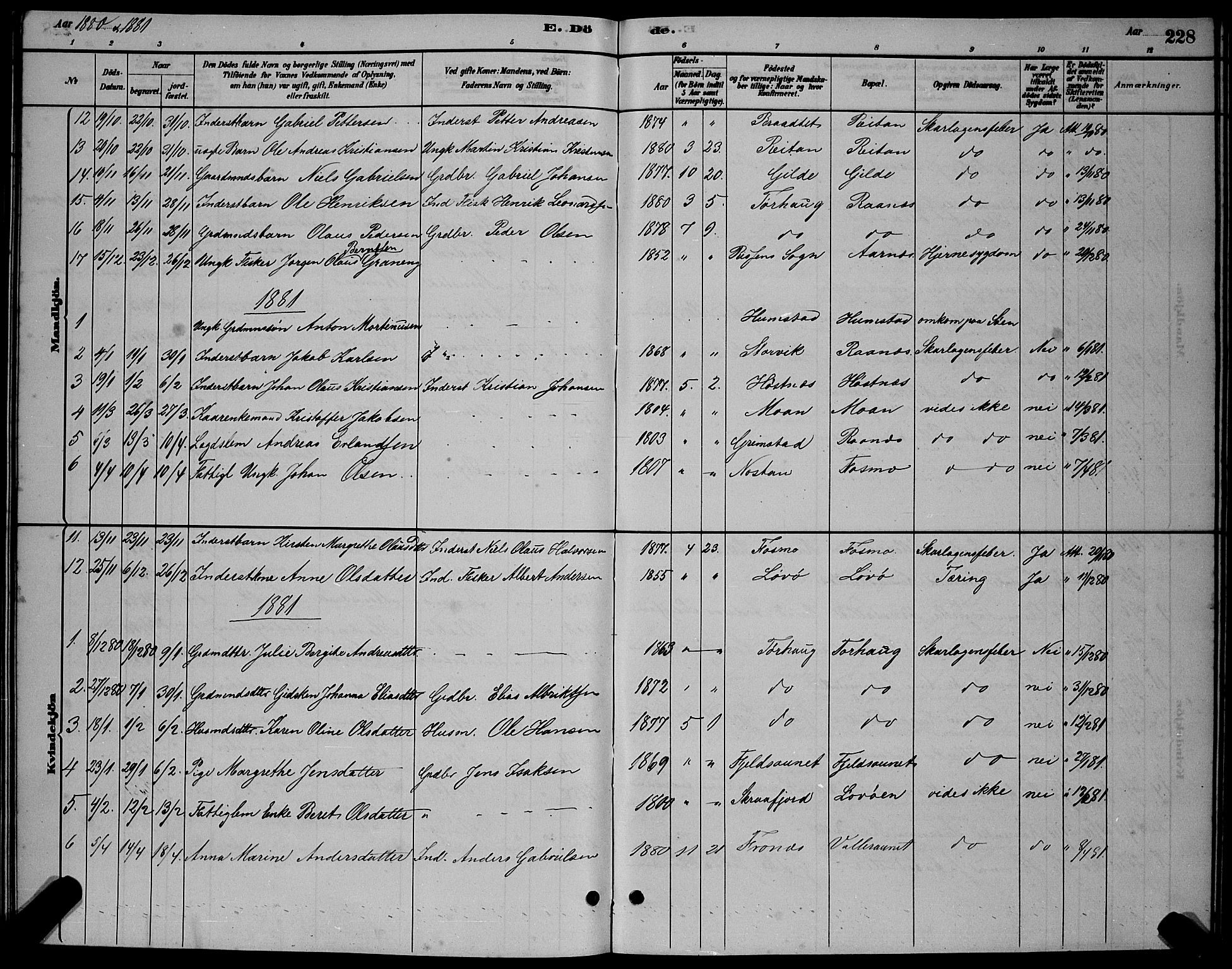 Ministerialprotokoller, klokkerbøker og fødselsregistre - Sør-Trøndelag, SAT/A-1456/655/L0687: Parish register (copy) no. 655C03, 1880-1898, p. 228