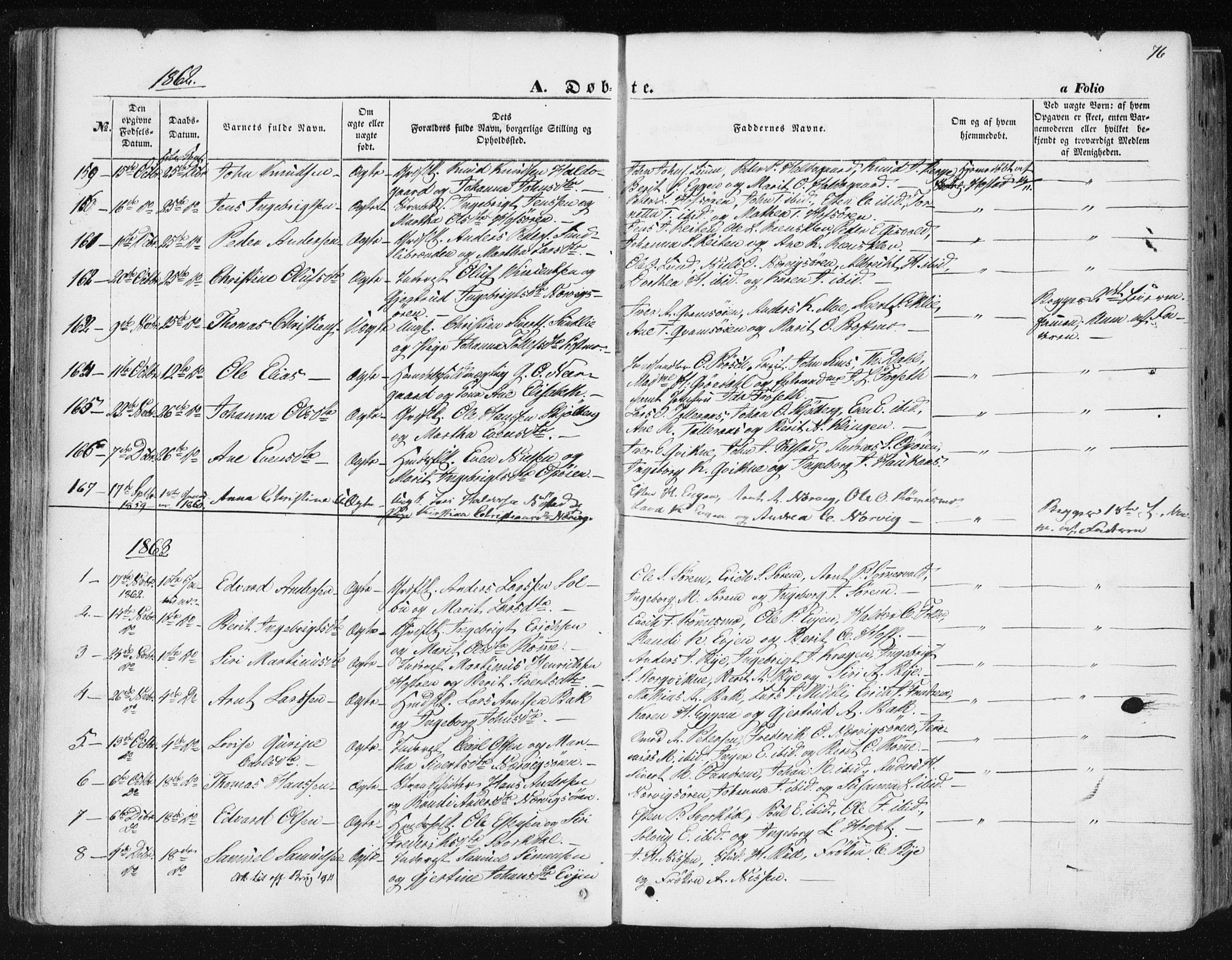 Ministerialprotokoller, klokkerbøker og fødselsregistre - Sør-Trøndelag, SAT/A-1456/668/L0806: Parish register (official) no. 668A06, 1854-1869, p. 76