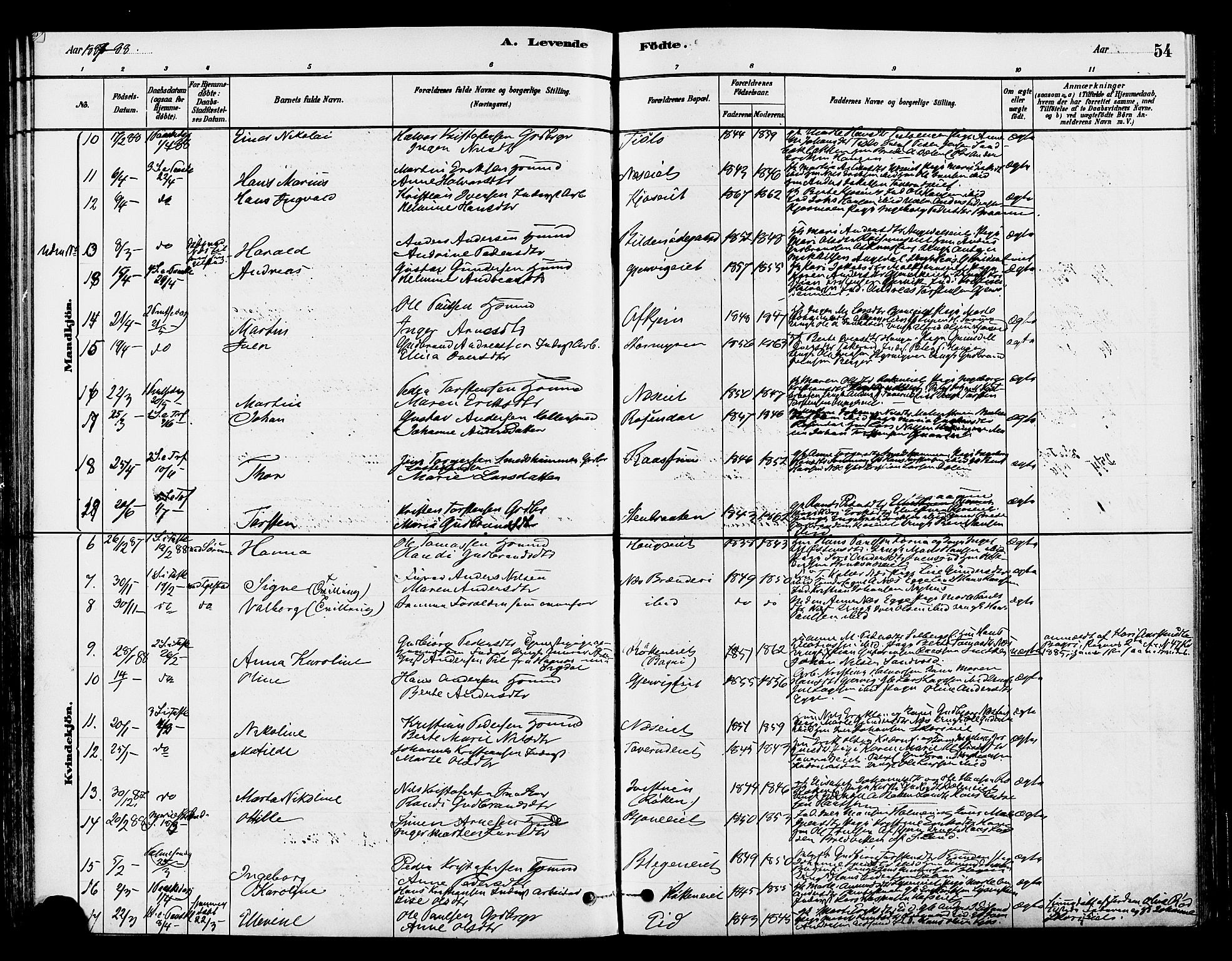 Gran prestekontor, SAH/PREST-112/H/Ha/Haa/L0015: Parish register (official) no. 15, 1880-1888, p. 54