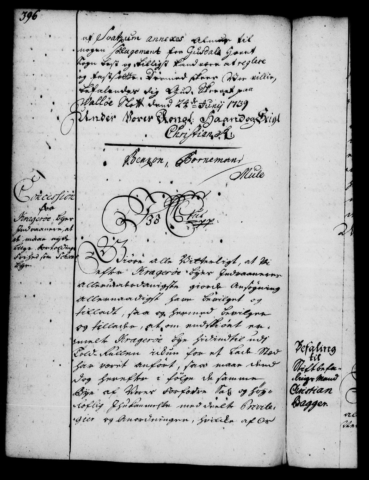 Rentekammeret, Kammerkanselliet, RA/EA-3111/G/Gg/Gga/L0004: Norsk ekspedisjonsprotokoll med register (merket RK 53.4), 1734-1741, p. 396