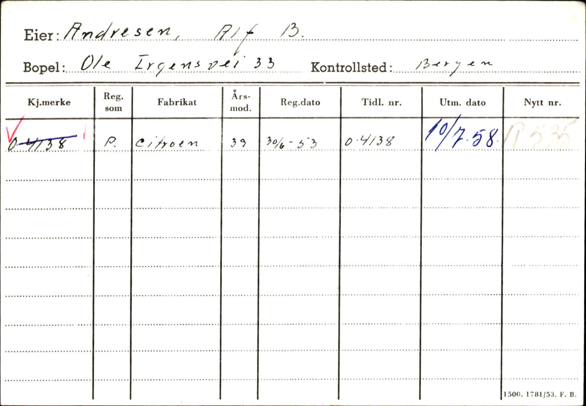 Statens vegvesen, Hordaland vegkontor, AV/SAB-A-5201/2/Hb/L0002: O-eierkort A-B, 1920-1971, p. 9