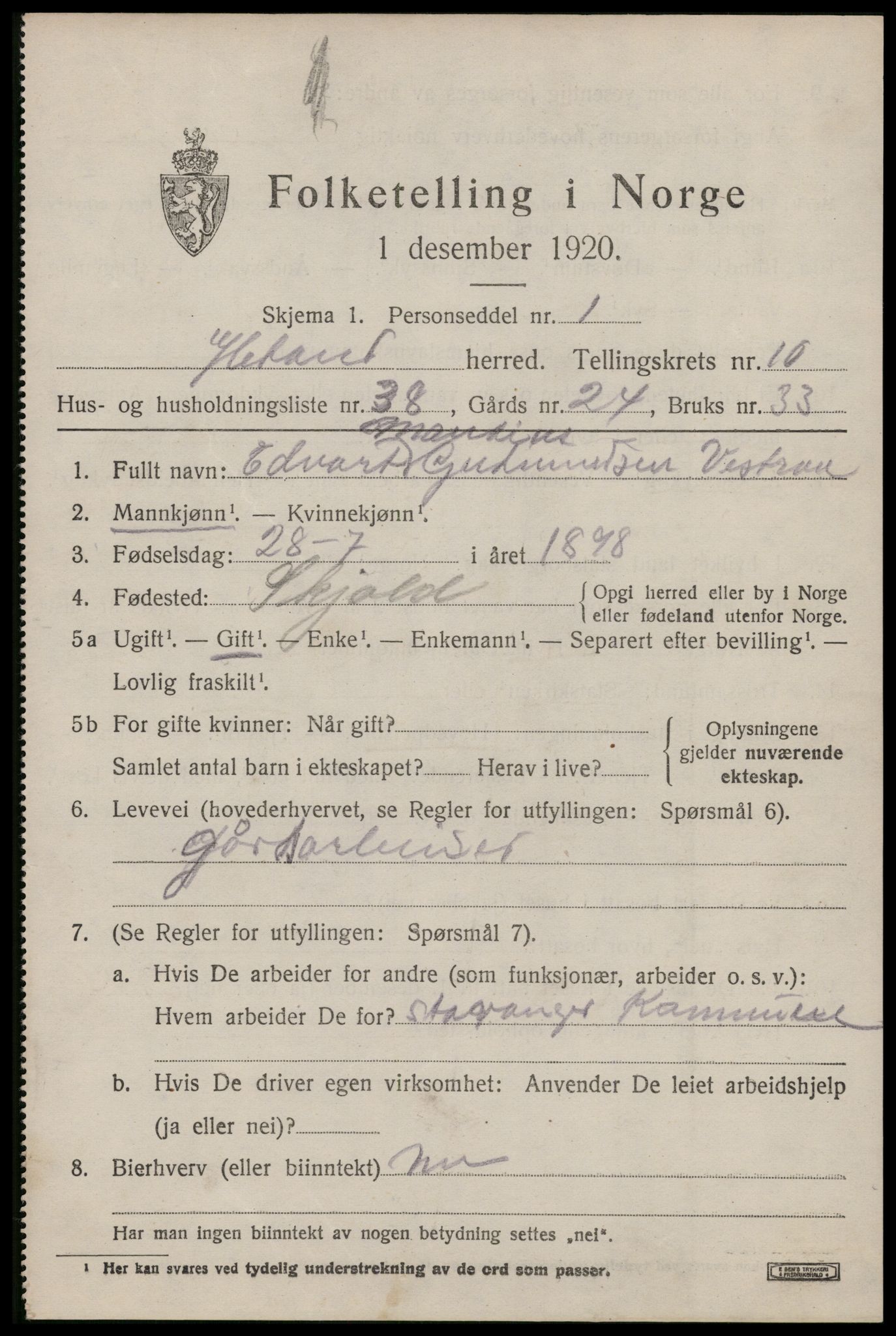 SAST, 1920 census for Hetland, 1920, p. 19397