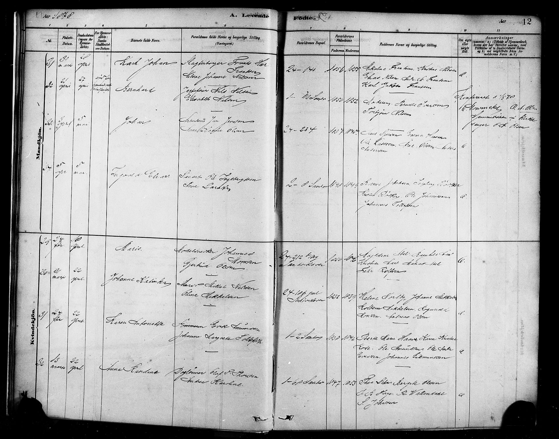 Sandviken Sokneprestembete, AV/SAB-A-77601/H/Ha/L0004: Parish register (official) no. B 1, 1878-1891, p. 12