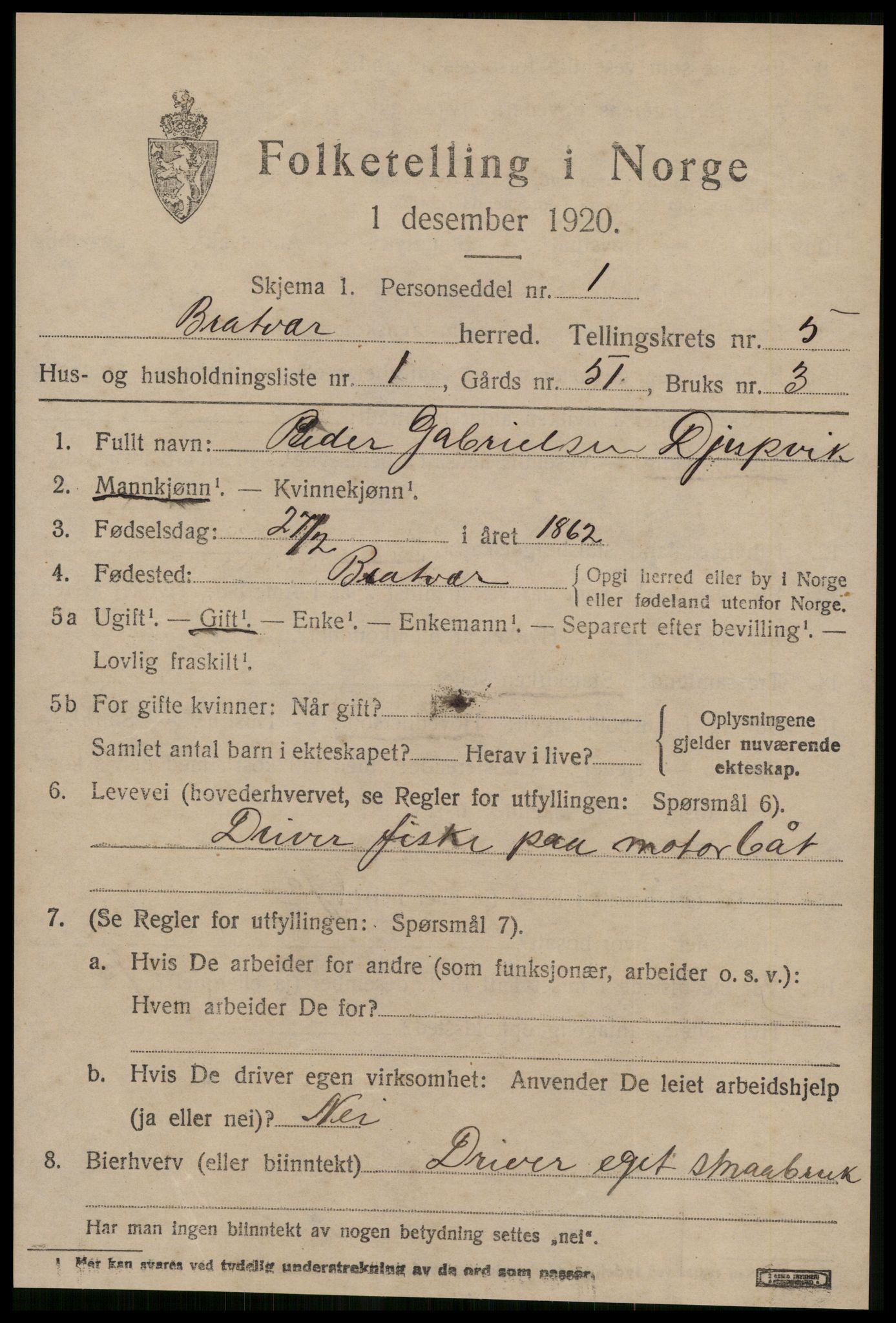 SAT, 1920 census for Brattvær, 1920, p. 2404