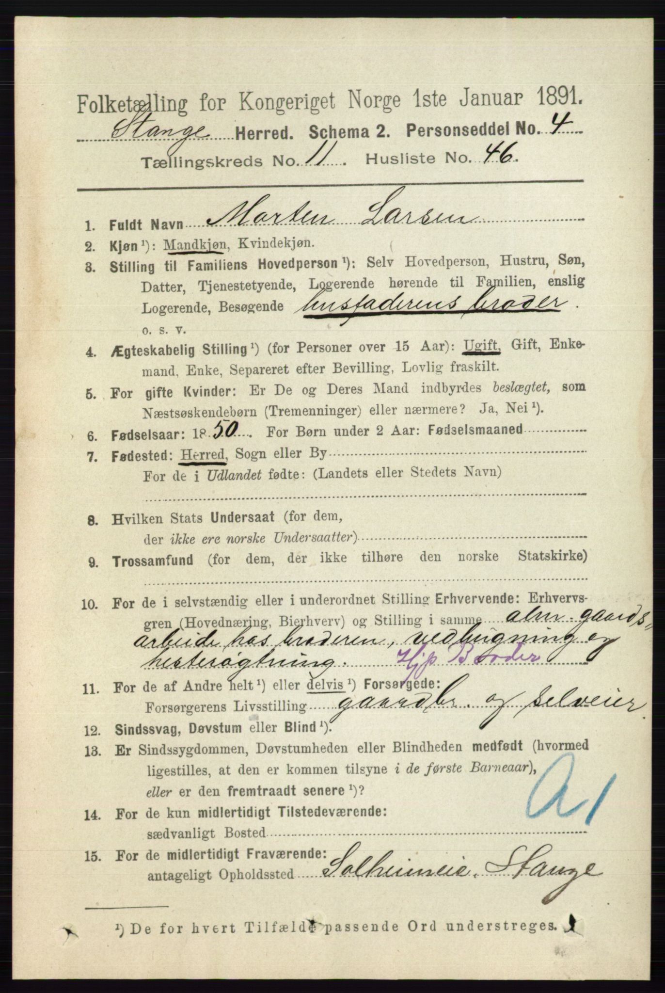 RA, 1891 census for 0417 Stange, 1891, p. 7742