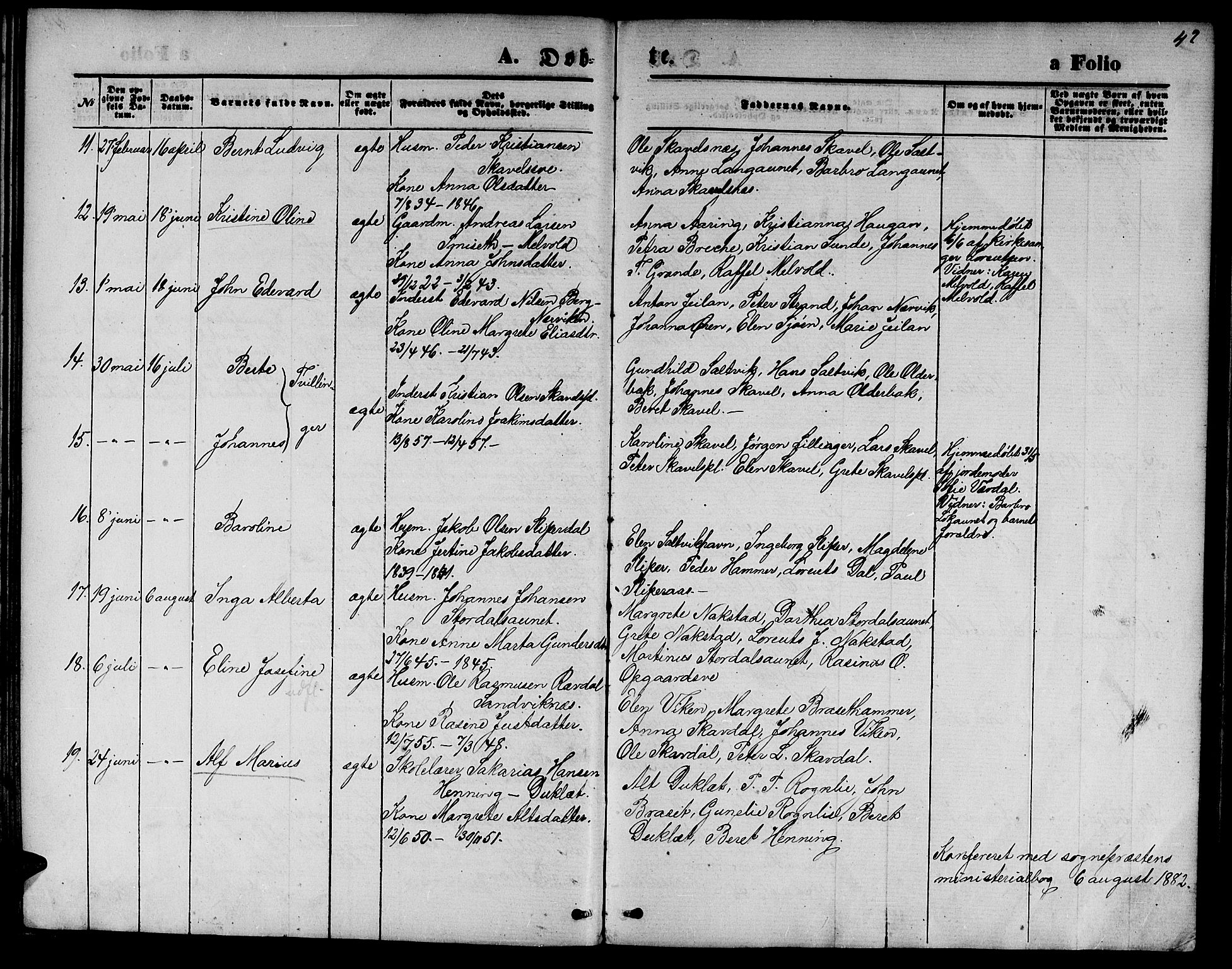 Ministerialprotokoller, klokkerbøker og fødselsregistre - Nord-Trøndelag, AV/SAT-A-1458/733/L0326: Parish register (copy) no. 733C01, 1871-1887, p. 42