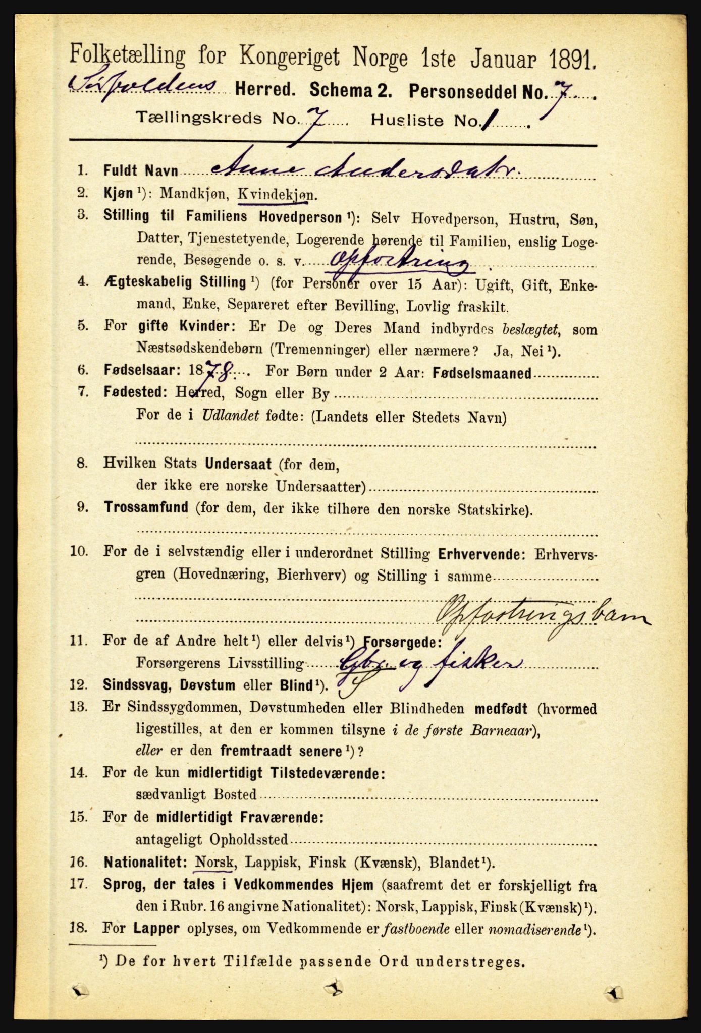 RA, 1891 census for 1845 Sørfold, 1891, p. 2204