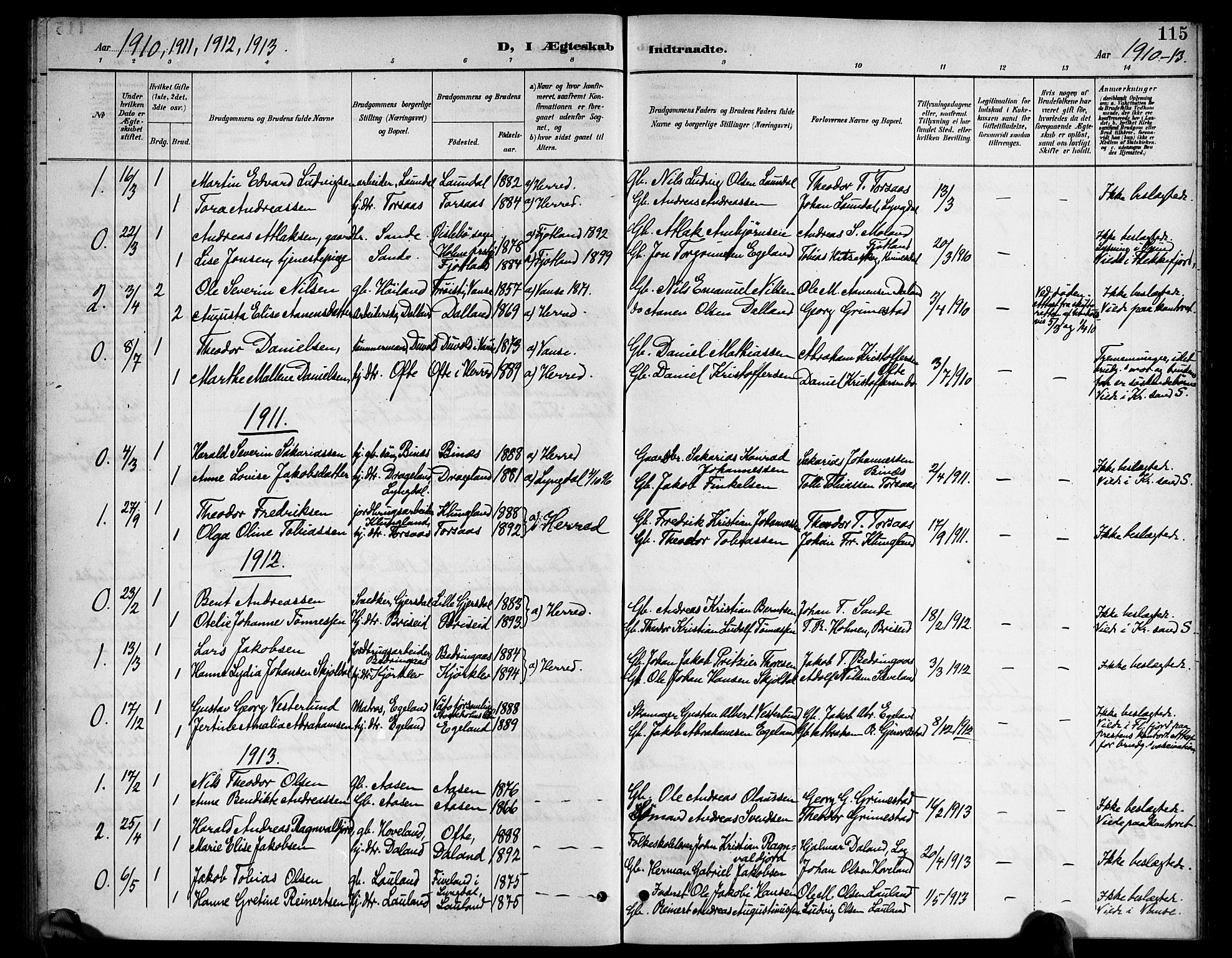 Herad sokneprestkontor, SAK/1111-0018/F/Fb/Fba/L0005: Parish register (copy) no. B 5, 1899-1921, p. 115