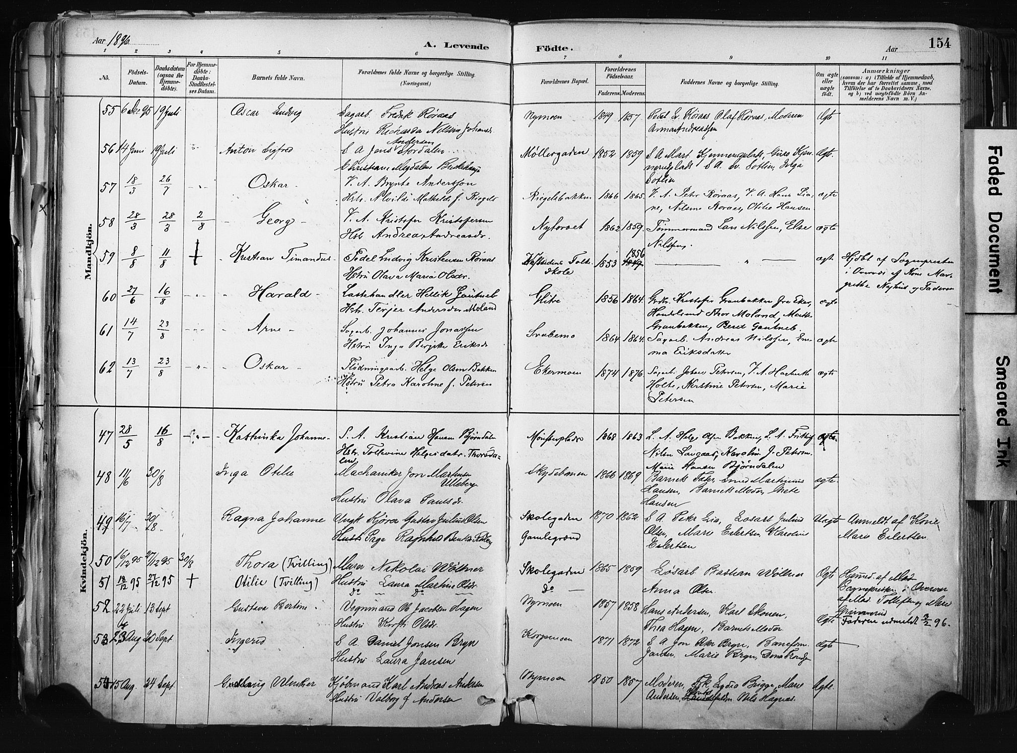 Kongsberg kirkebøker, AV/SAKO-A-22/F/Fb/L0002: Parish register (official) no. II 2, 1886-1896, p. 154