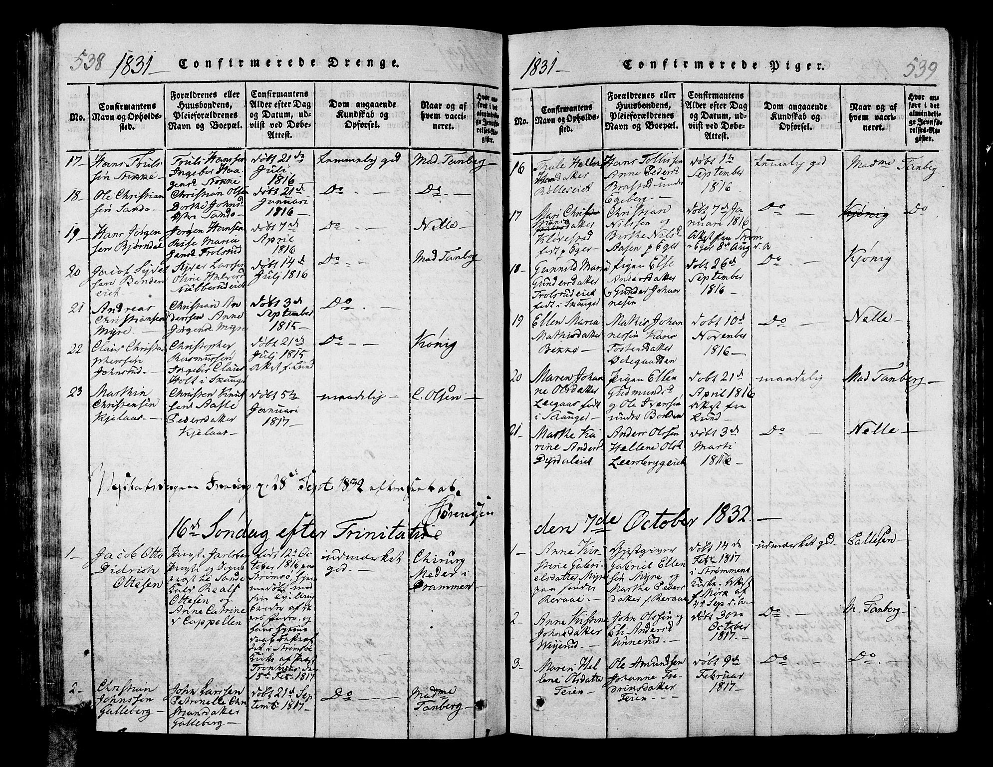 Sande Kirkebøker, AV/SAKO-A-53/G/Ga/L0001: Parish register (copy) no. 1, 1814-1847, p. 538-539