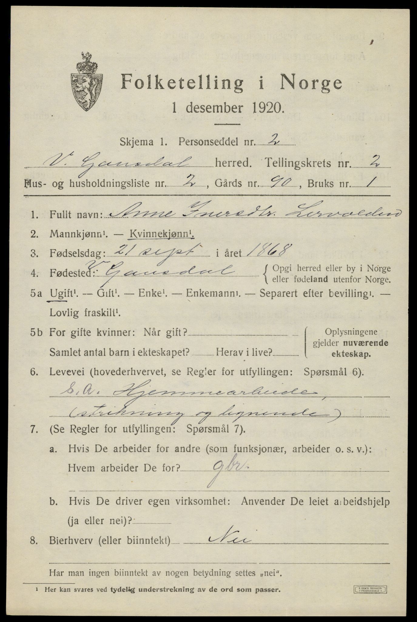 SAH, 1920 census for Vestre Gausdal, 1920, p. 1751