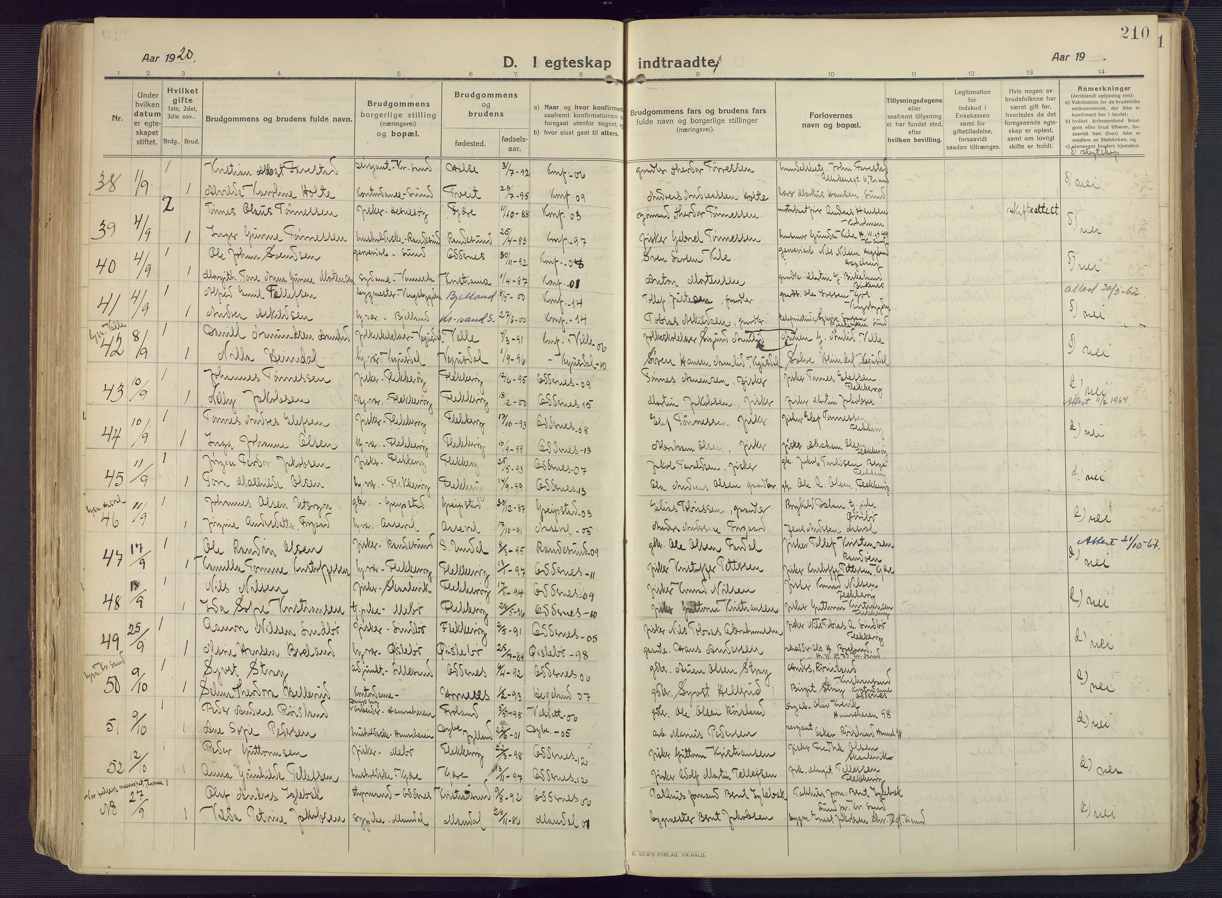 Oddernes sokneprestkontor, AV/SAK-1111-0033/F/Fa/Faa/L0012: Parish register (official) no. A 12, 1912-1925, p. 210