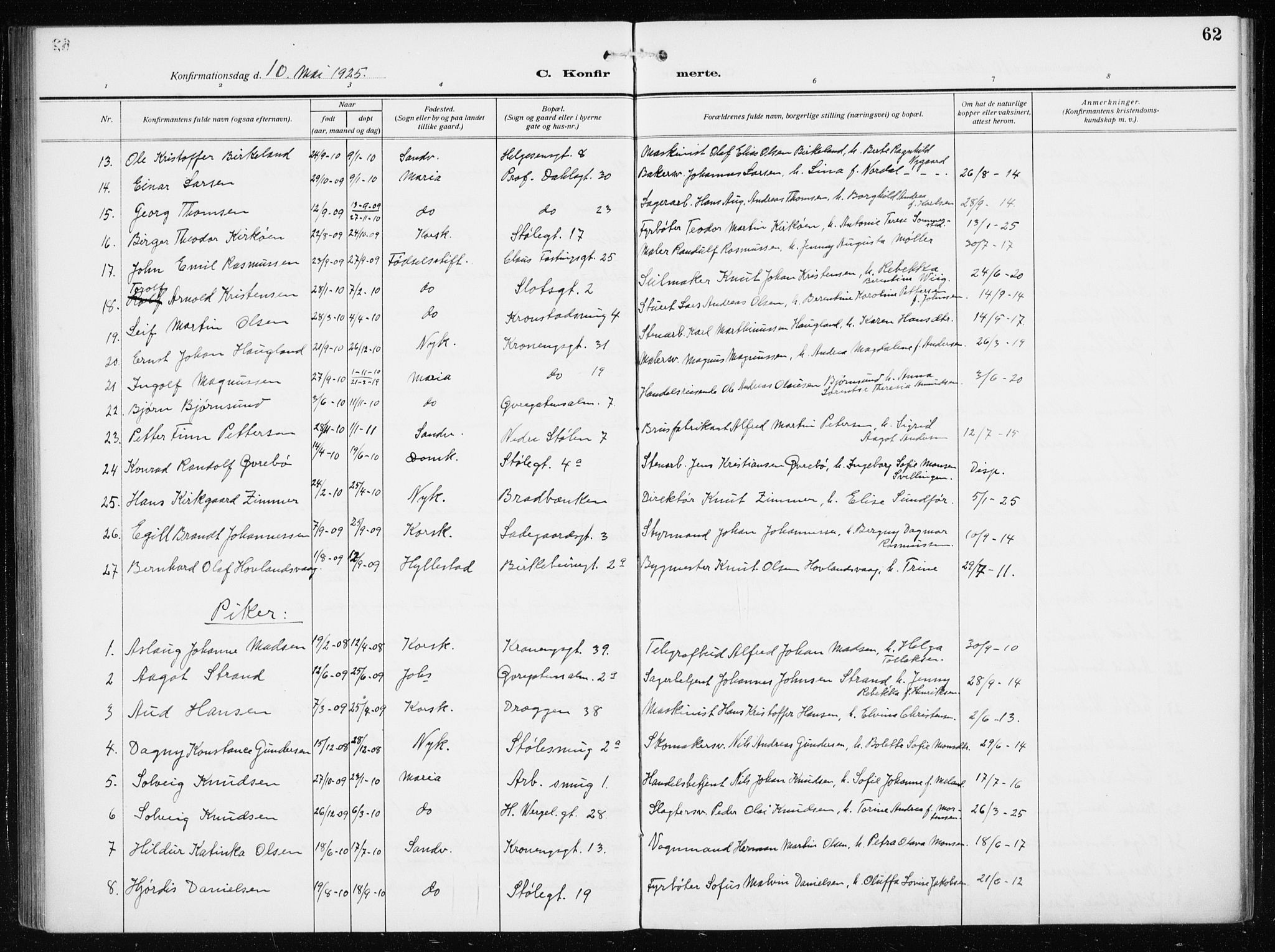 Mariakirken Sokneprestembete, AV/SAB-A-76901/H/Haa/L0015: Parish register (official) no. C 3, 1913-1927, p. 62