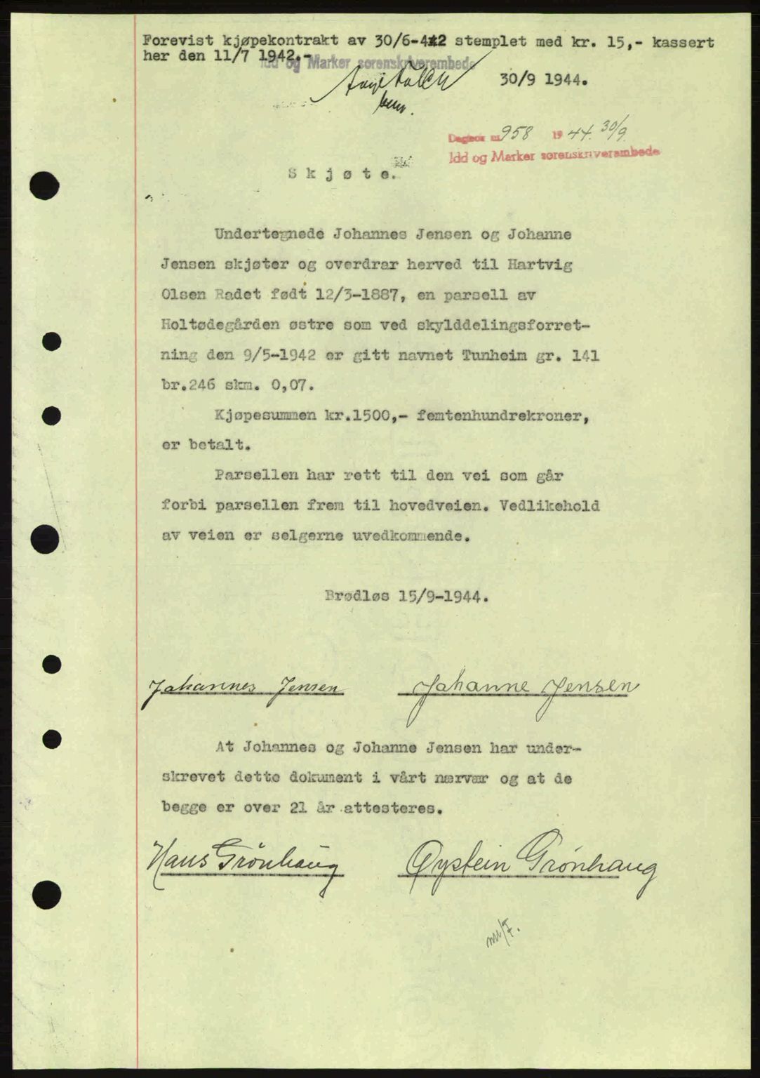 Idd og Marker sorenskriveri, AV/SAO-A-10283/G/Gb/Gbb/L0007: Mortgage book no. A7, 1944-1945, Diary no: : 958/1944