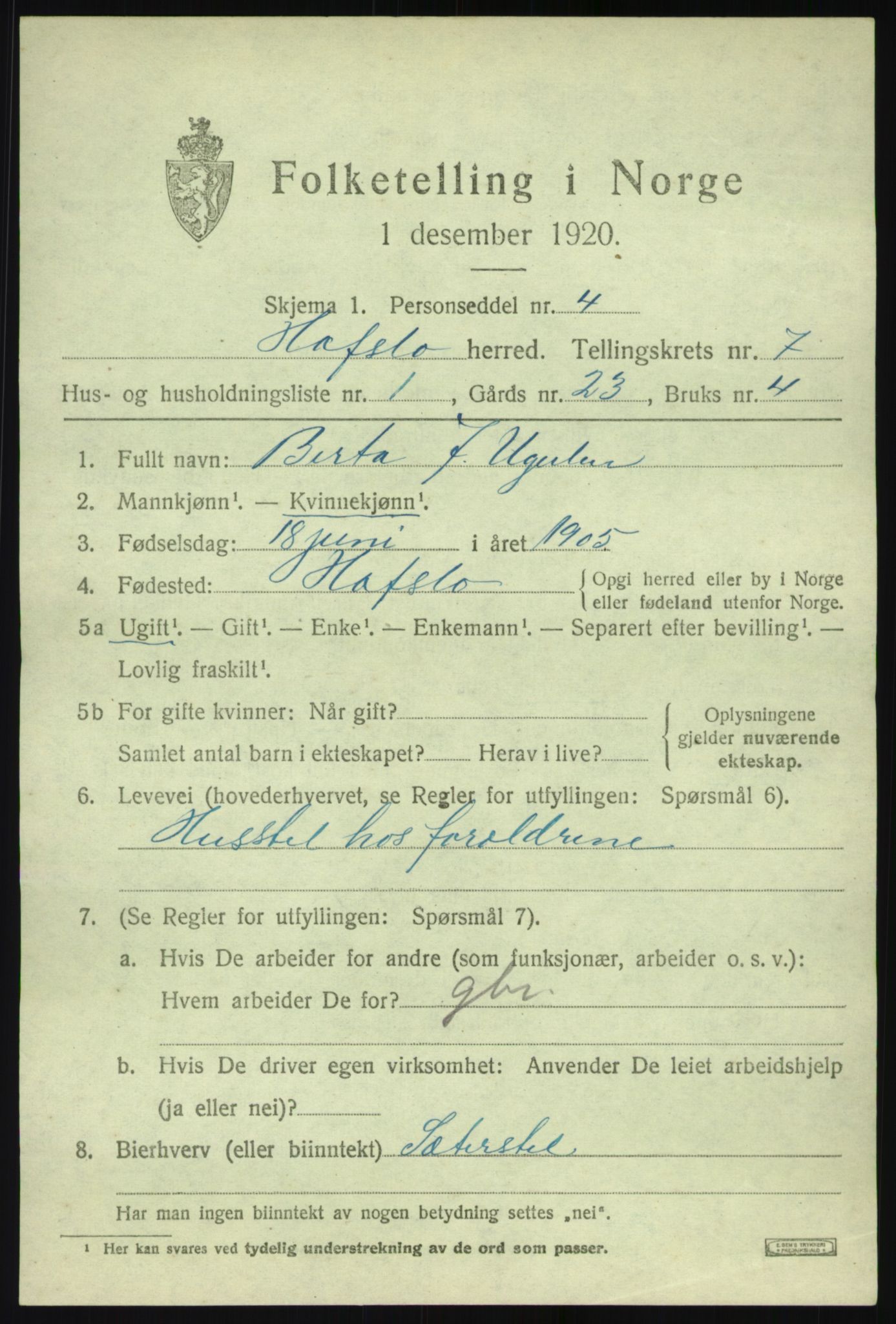 SAB, 1920 census for Hafslo, 1920, p. 5094