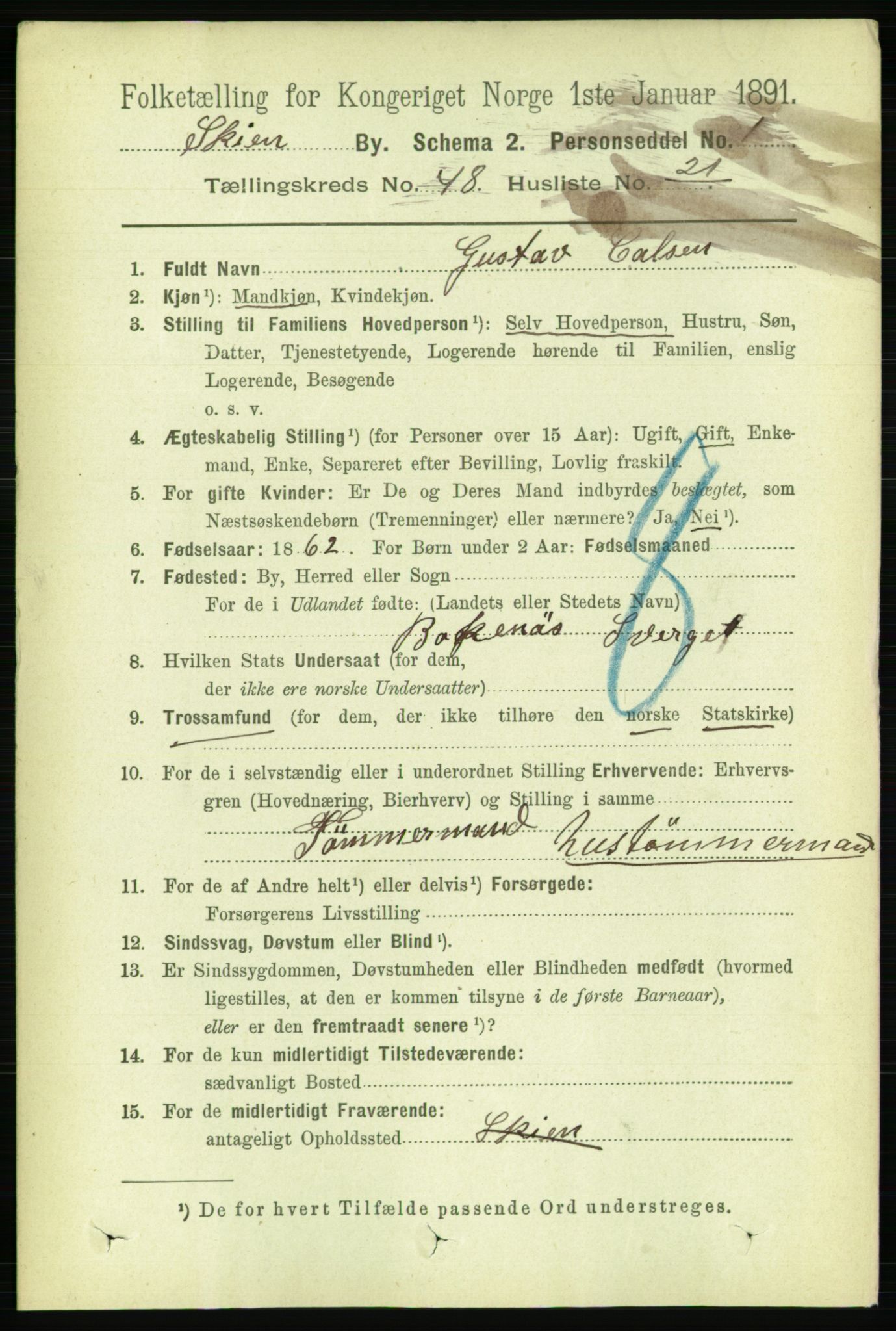 RA, 1891 census for 0806 Skien, 1891, p. 9954