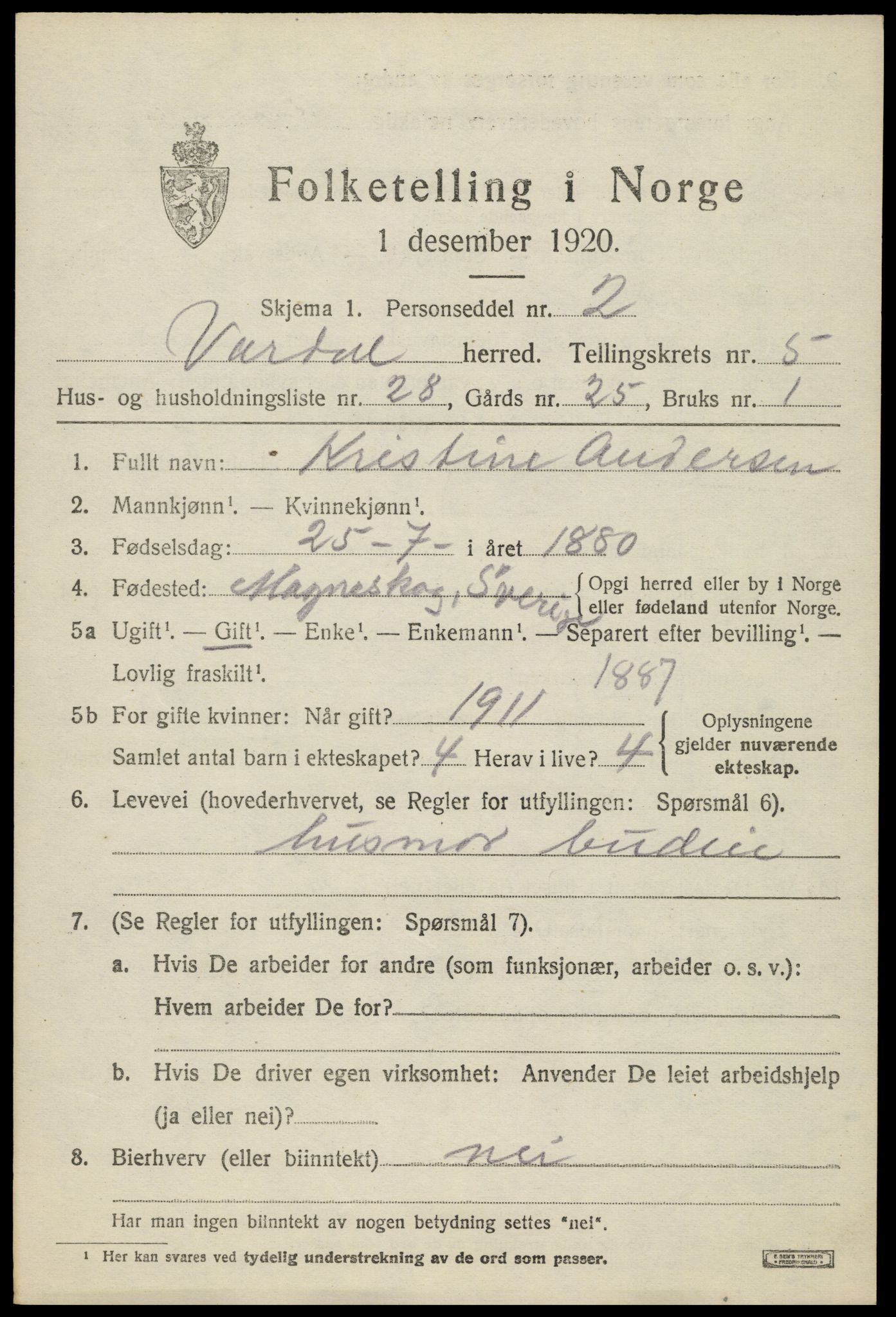 SAH, 1920 census for Vardal, 1920, p. 3393